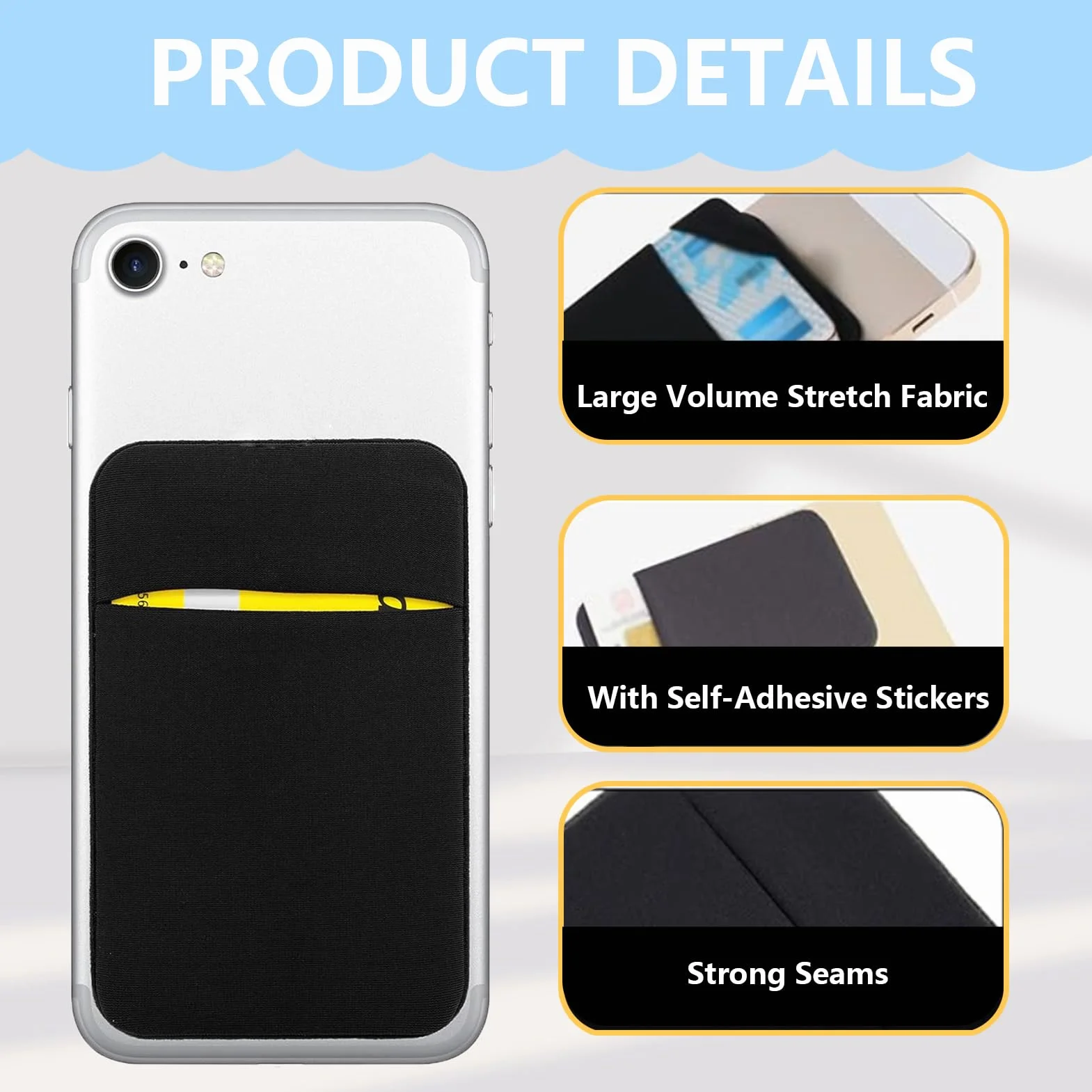 Lot de 3 Porte-Cartes pour Téléphone Portable avec Autocollant Adhésif, Noir
