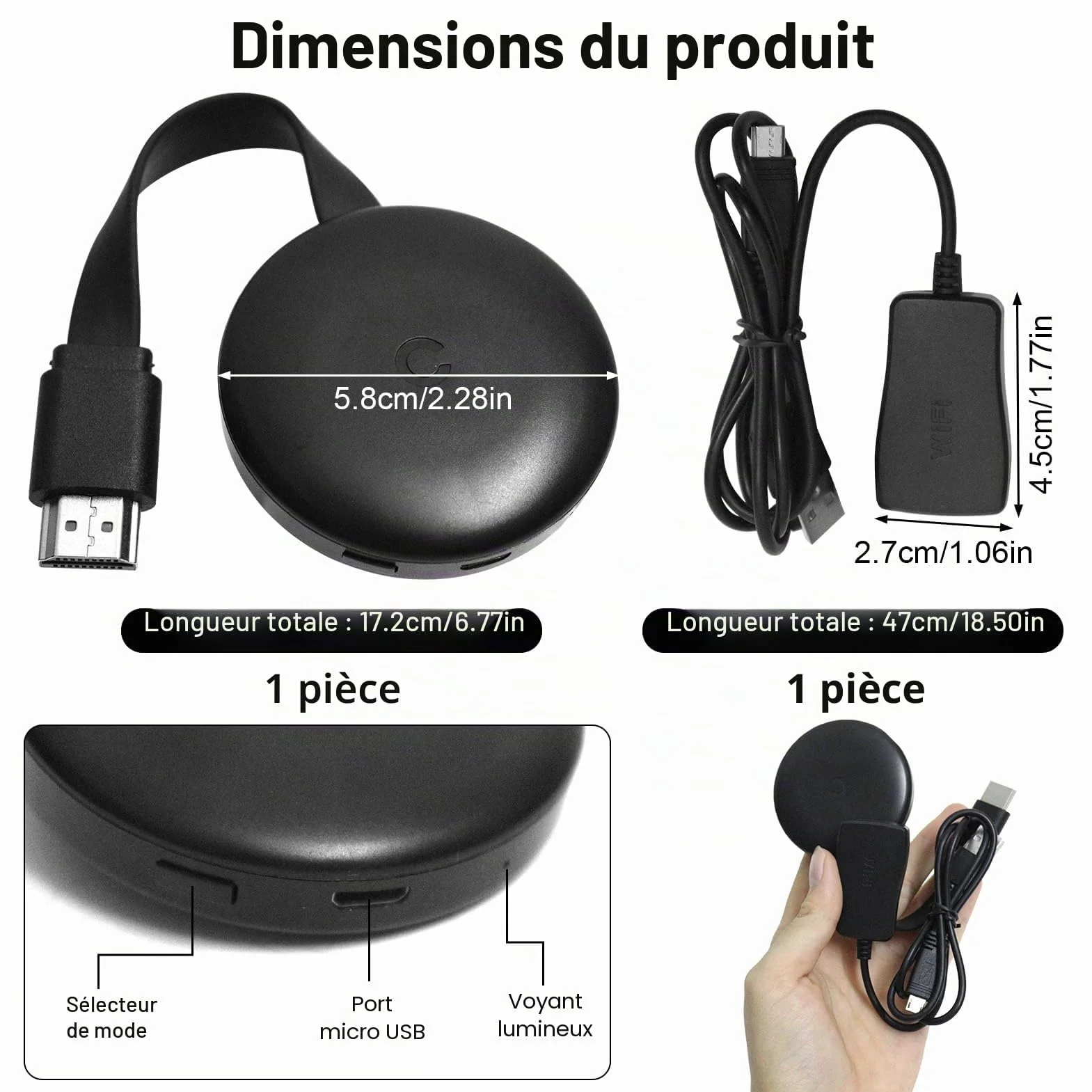 Dongle HDMI sans fil, 1080p, adaptateur d'affichage sans fil HDMI, clé Bluetooth pour ChromecasttMiracast/Airplay/iOS/Android/Mac/Windows/PC Moniteur TV Stick Screen Mirroring