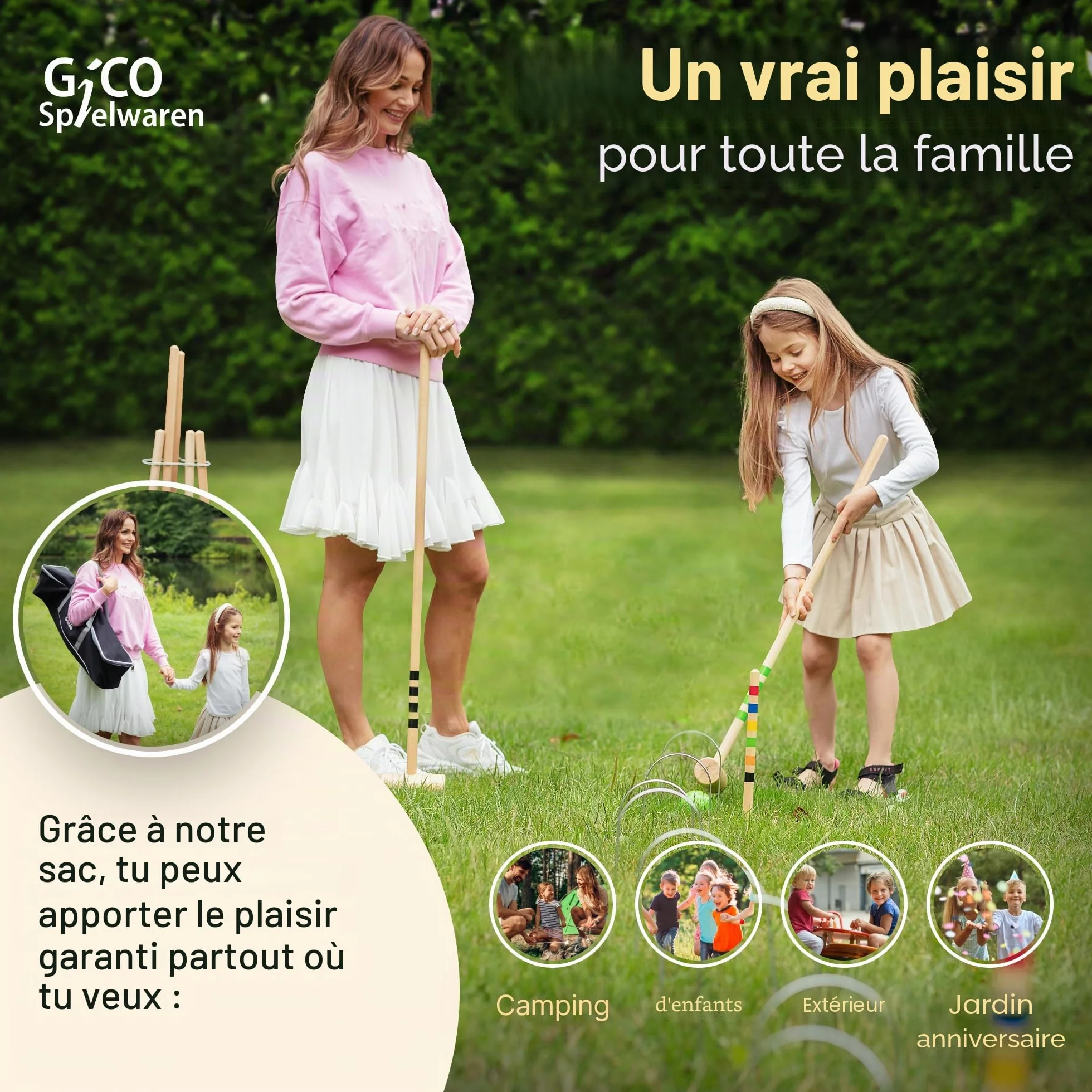 GICO Jeu de Croquet 6 Joueurs Maillets Taille Adulte 100 cm Sac de Transport
