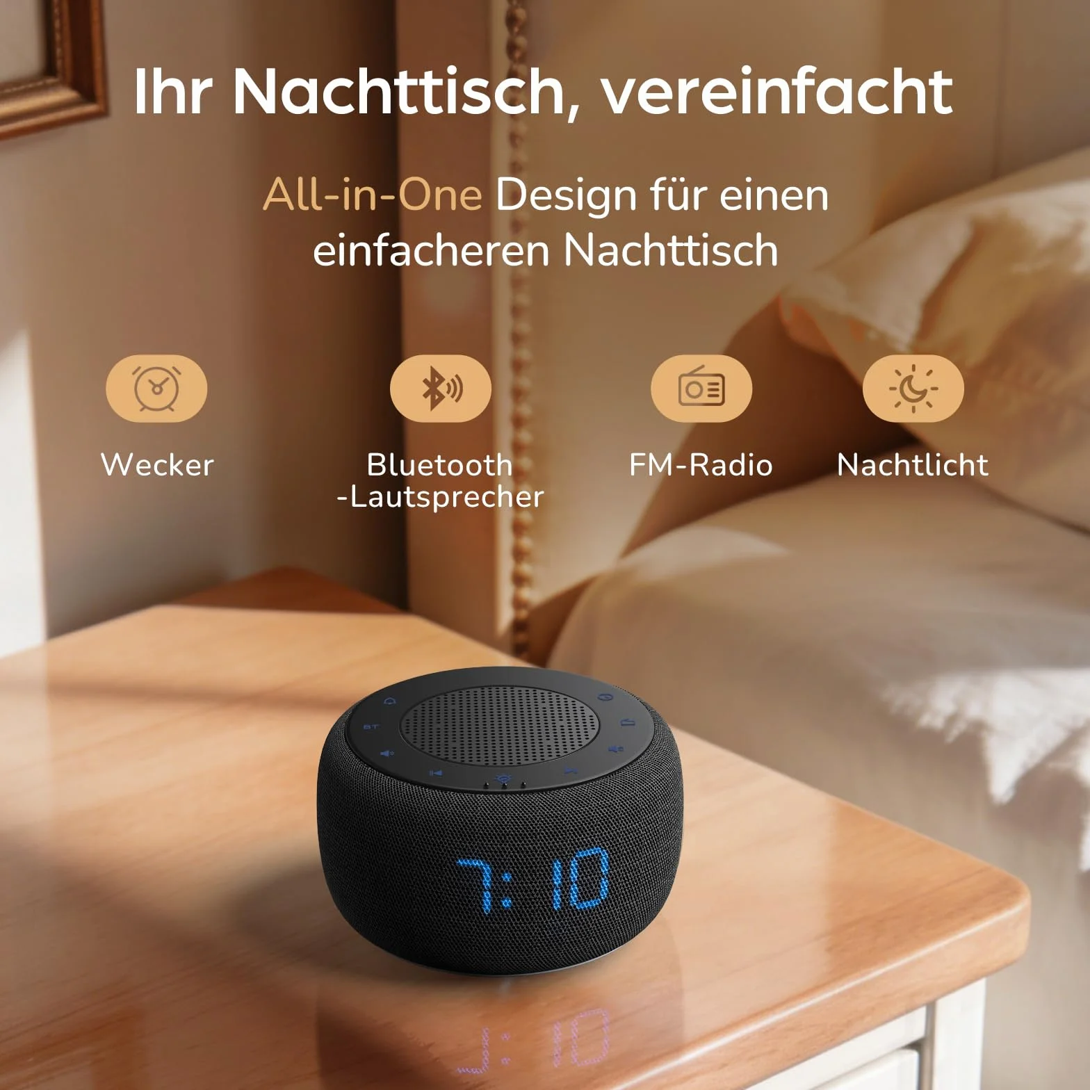 DOUMOSH Réveil Radio avec Bluetooth, réveil numérique avec variateur d'intensité 0-100%, veilleuse colorée, réveil avec Haut-Parleur Bluetooth pour la Chambre à Coucher - Gris Espace