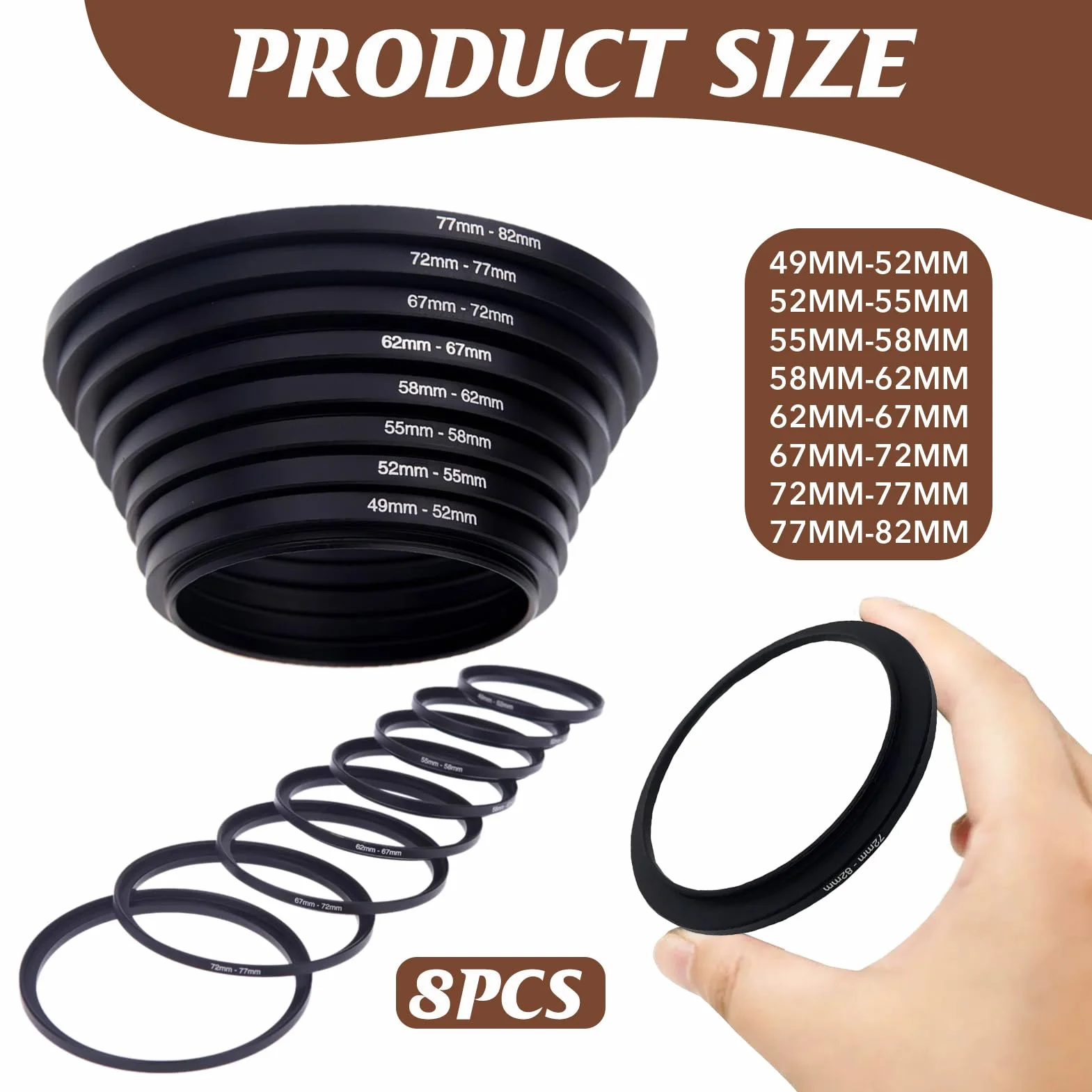 Bague d'Adaptation pour Filtre d'Objectif d'Appareil Photo Métal, 8pcs Step Rings