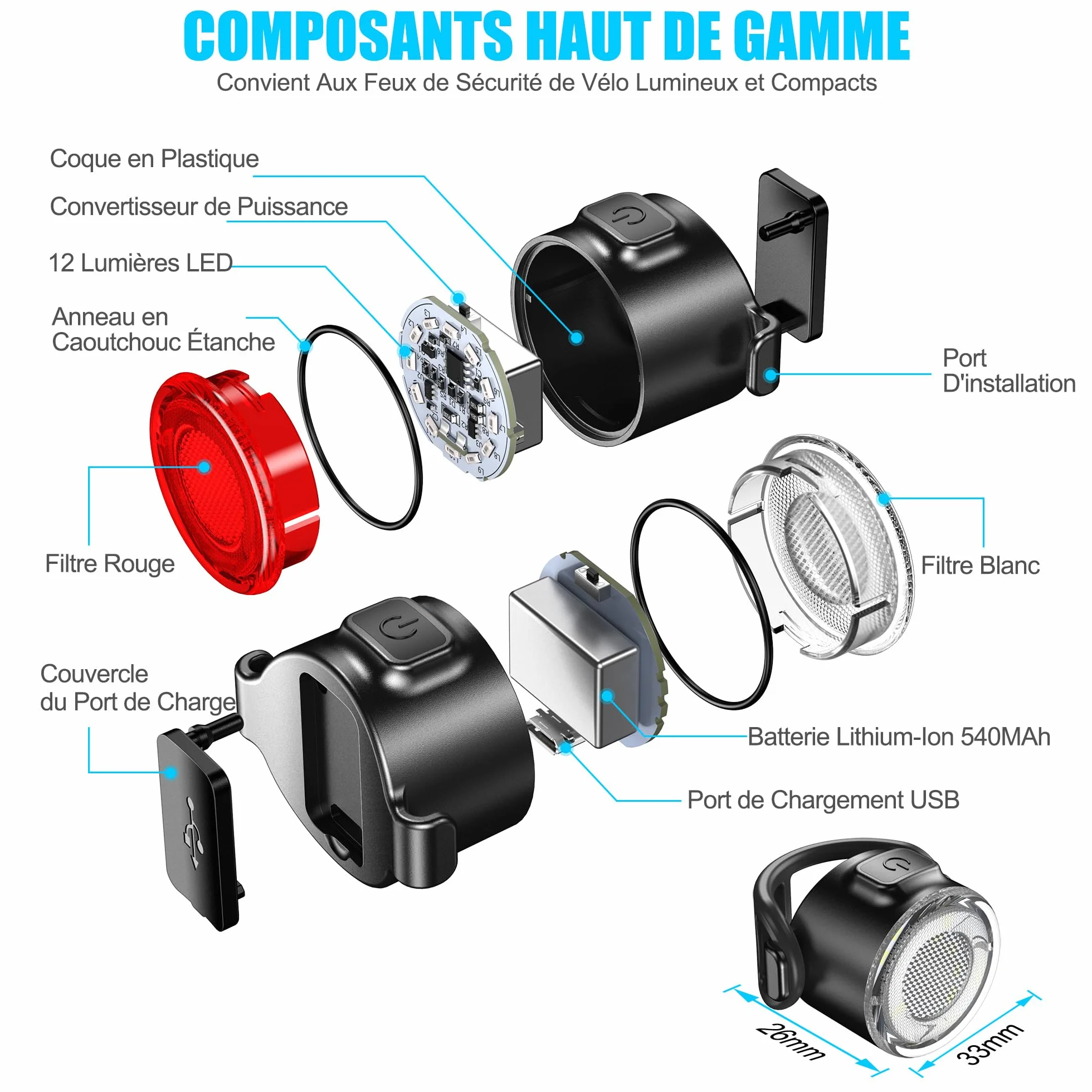 Lumiere Velo USB Rechargeable Avant et Arrière Vélo Lumière LED IPX5 6 Modes Eclairage Velo Route Montagne Conduite de Nuit