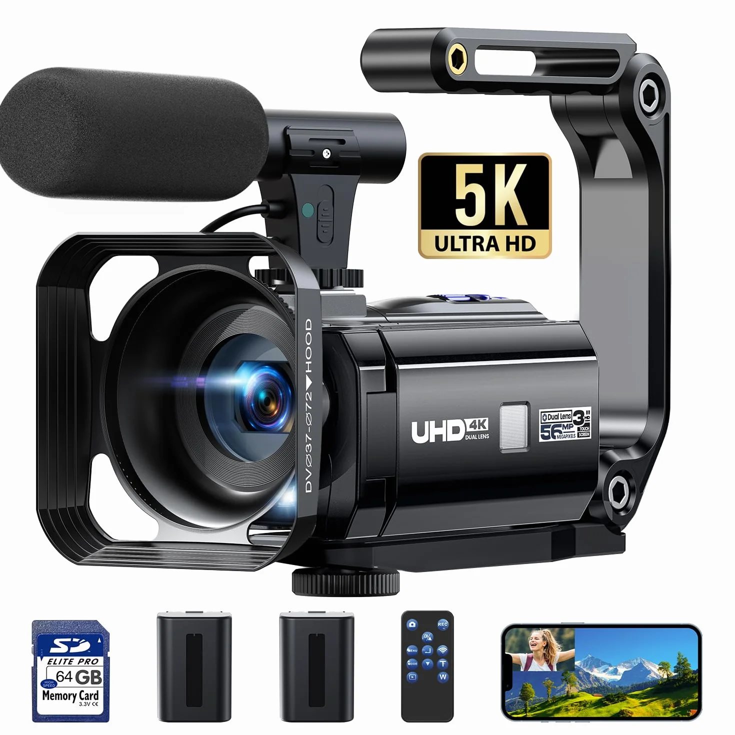 Caméra vidéo 5K 56MP Caméscope Double Objectif, WiFi 16X Youtube Vlog Caméra, 3" Rotatif à 270° Vision Nocturne Video Camera avec 2 Piles,Carte 64 Go,Microphone,trépied