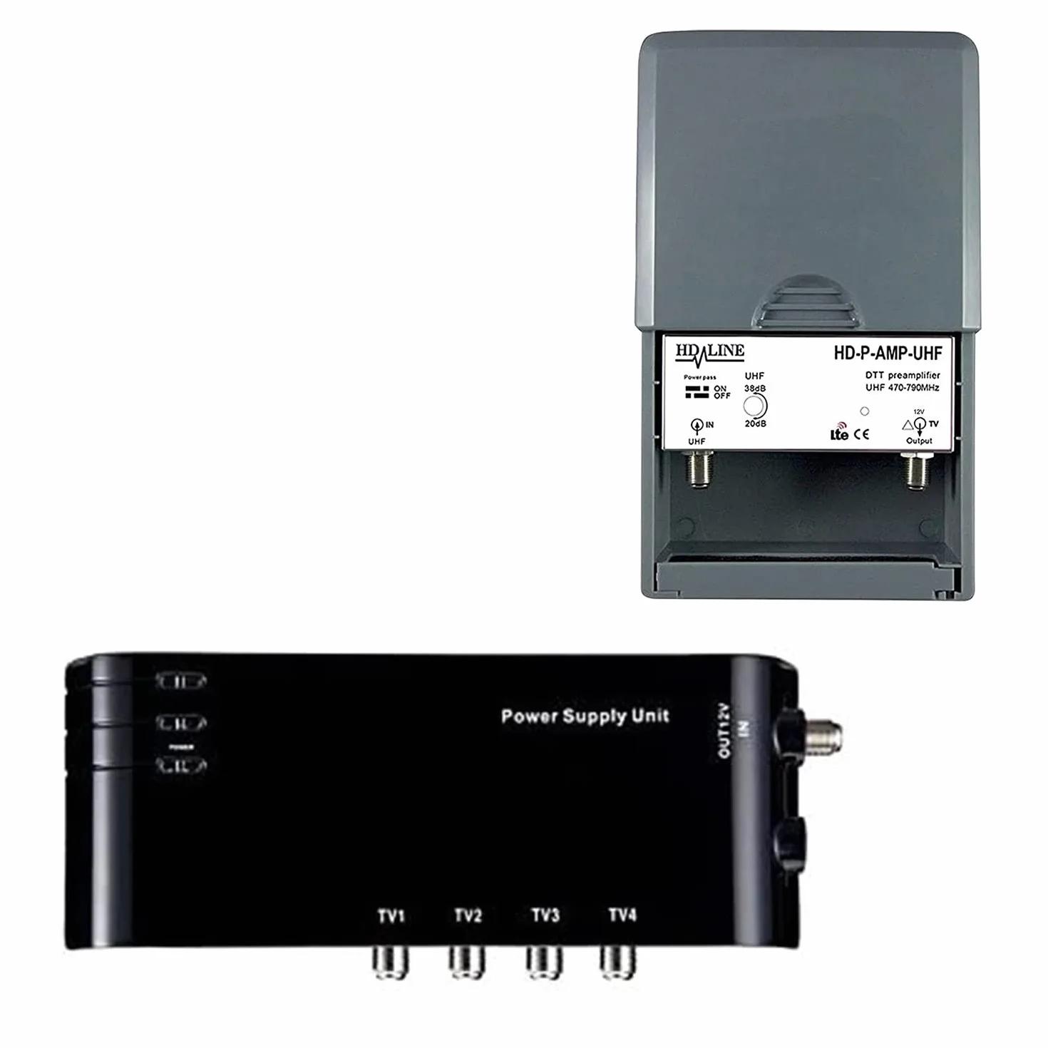 HD-LINE kit4/1 Préamplificateur 4/1 TV Amplificateur + Alimentation 4 sorties TV pour Antenne terrestre TNT Noir