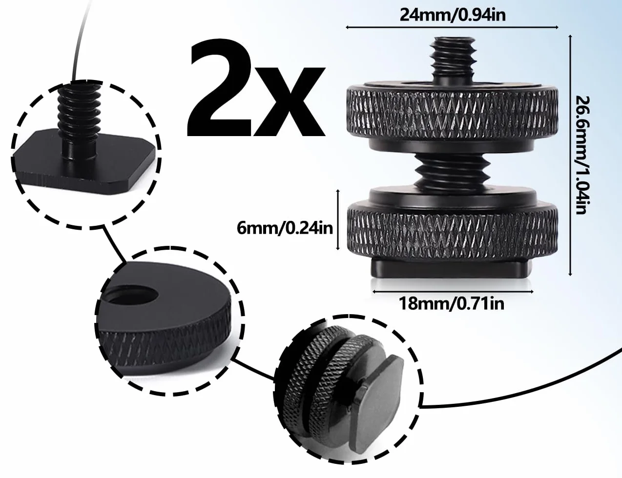 Lot de 2 adaptateurs de sabot de flash pour appareil photo, filetage 1/4", en métal, pour filetage de trépied, flash, microphones sur griffe de flash (noir)