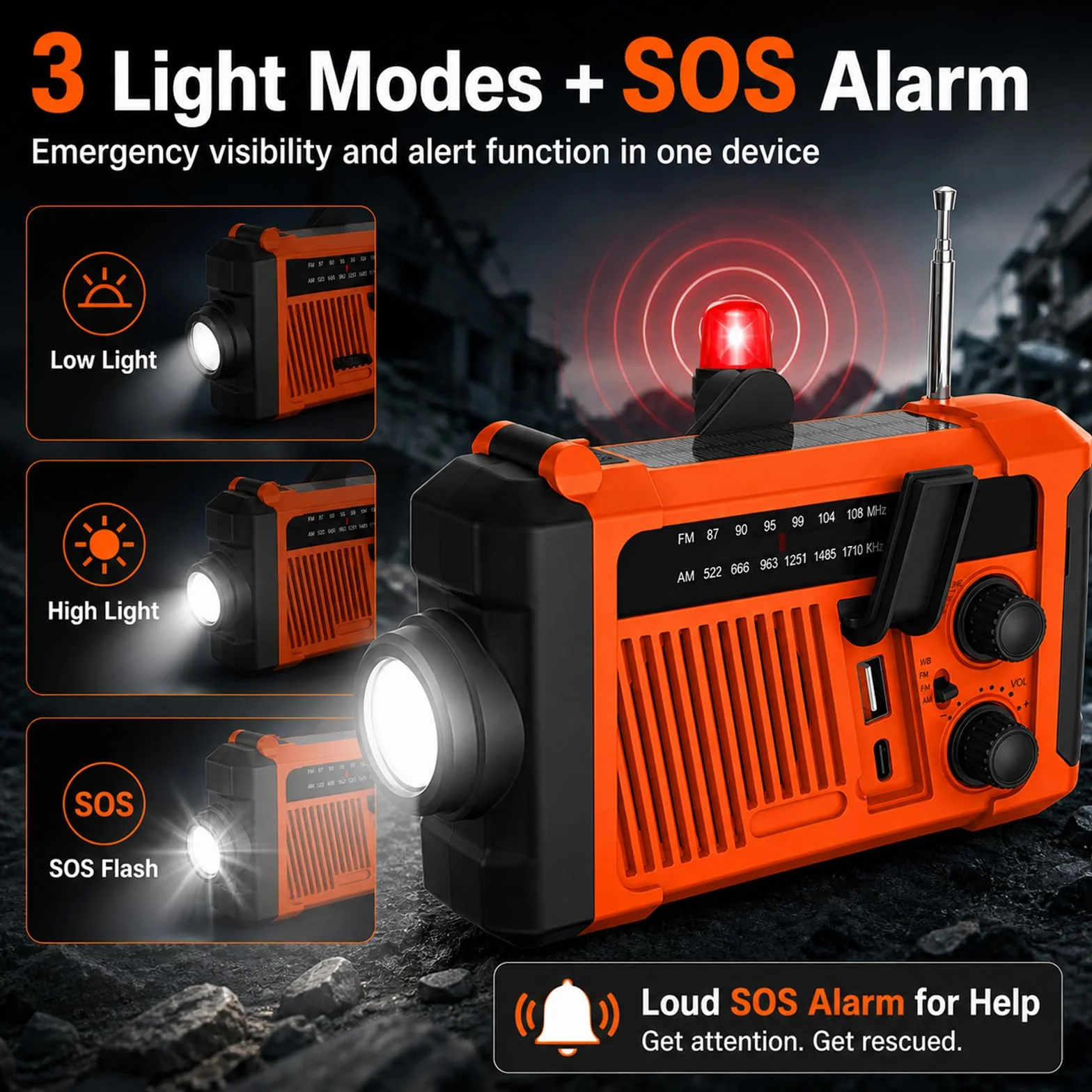 Radio d'urgence solaire à manivelle 2000 mAh AM/FM SOS Lampe LED Charge USB Camping
