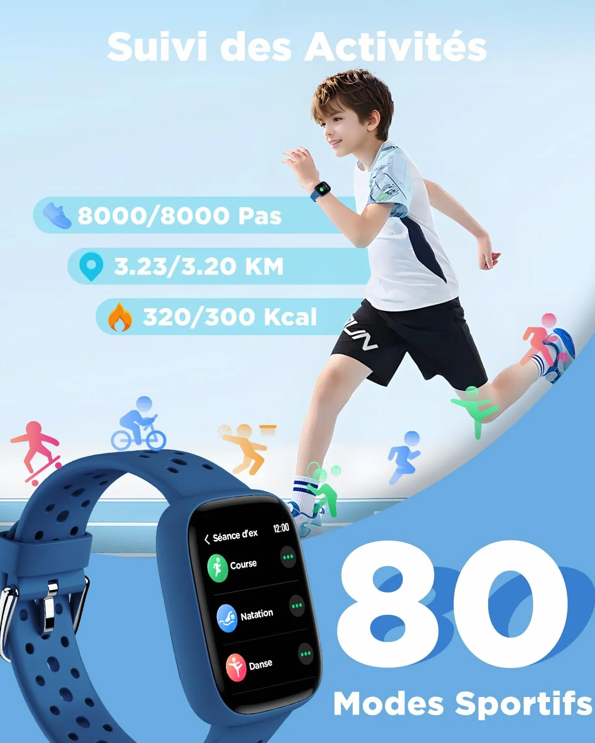 BIGGERFIVE Montre Enfant IP68 Étanche 1,8" Smartwatch Podomètre Cardiofrequencemètre Moniteur de Sommeil Bleu