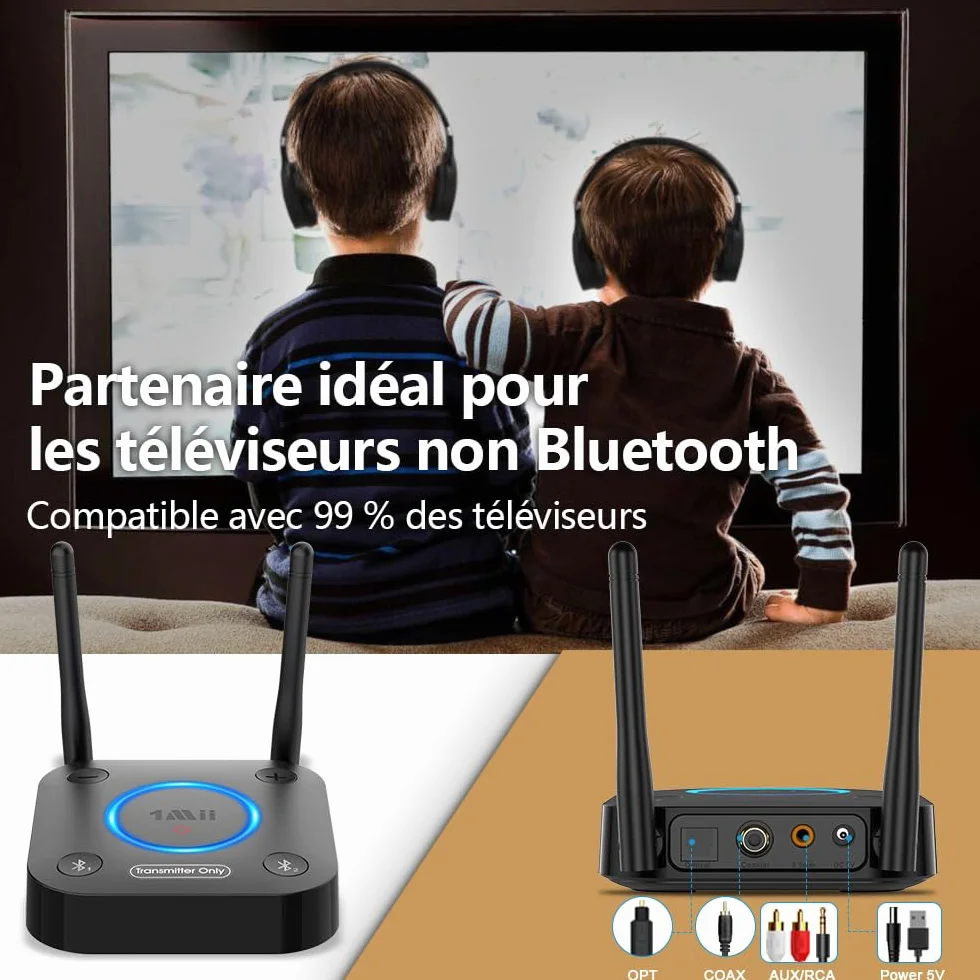 1Mii B06TX Émetteur Audio Bluetooth 5.3 pour TV, Transmetteur Adaptateur Bluetooth pour 2 Casques, aptX Faible Latence et HD, Longue Portée, Contrôle du Volume, AUX RCA Optique Coaxiale [Upgraded]