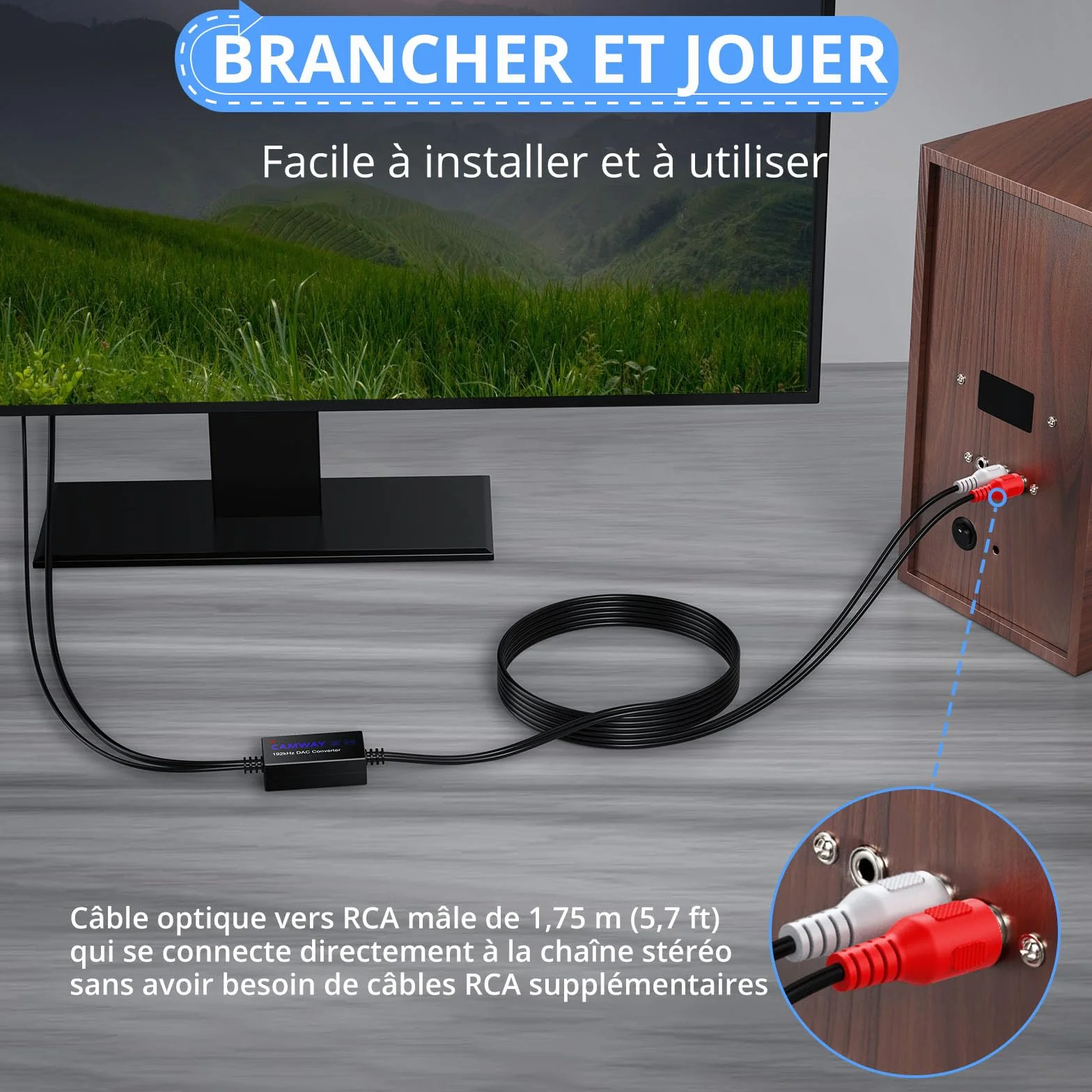 Convertisseur Optique RCA SPDIF 192kHz avec Câble Intégré 1,75m pour HDTV Xbox DVD Blu-Ray
