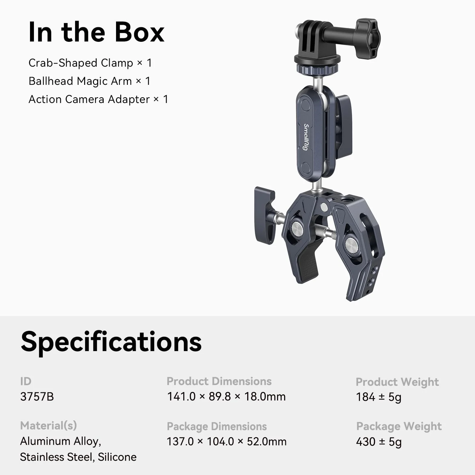SMALLRIG Super Clamp Ballhead Magic Arm Pince de Caméra, Pince de Moniteur en Forme de Crabe avec 1/4"-20, 3/8"-16 Trous Filetés pour Caméras d'action, Moniteurs, Lumières LED, Microphones- 3757B