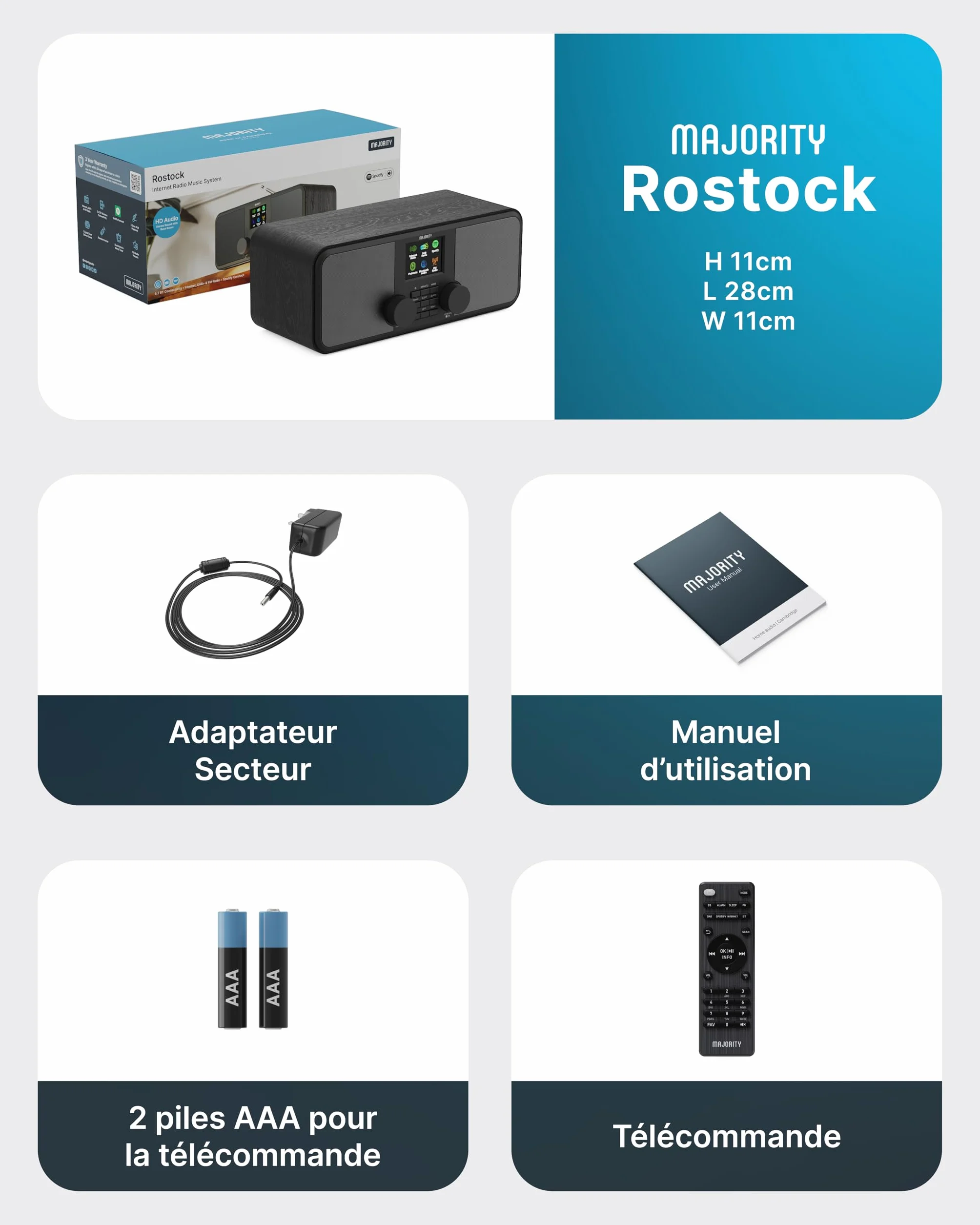 Majority Rostock Radio Internet WiFi DAB+ FM Bluetooth Haut-parleurs Stéréo 2.0 Spotify Connect Podcasts Télécommande