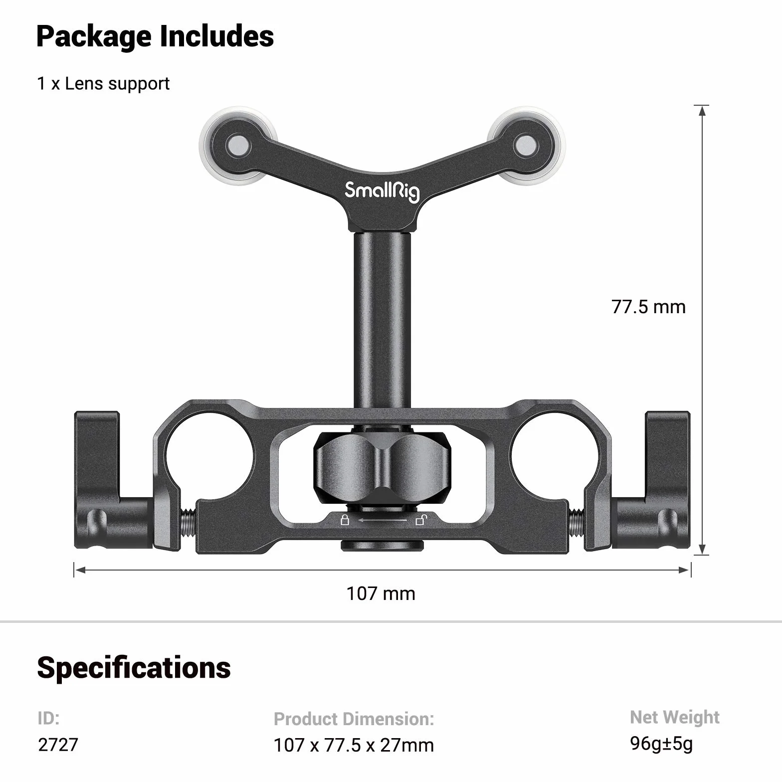 SMALLRIG Lens Support Support d'Objectif Compatible avec Objectif de Diamètre 73 mm à 108 mm - 2727