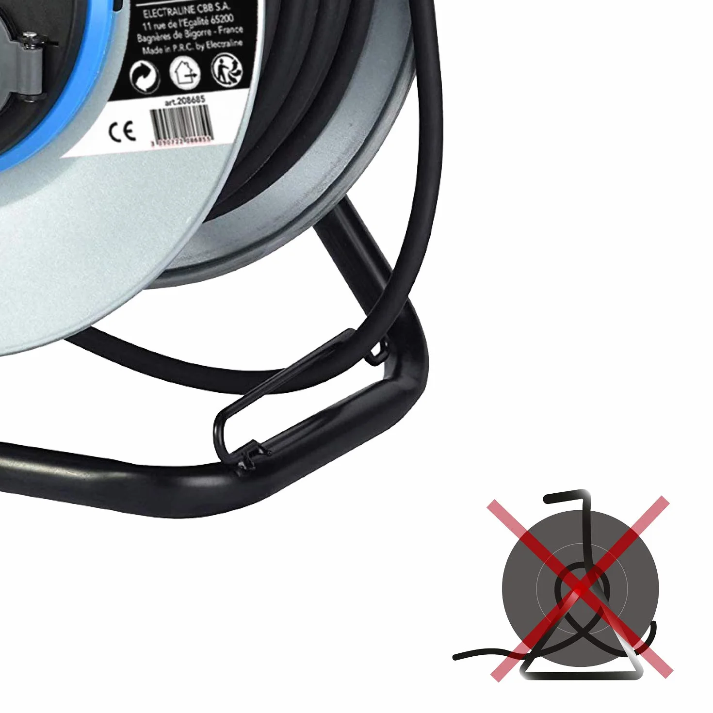 Electraline 208690 Rallonge Prolongateur électrique en Metal 50M 4 prises avec Guide pour le câble, Platine fixe et poignée ergonomique
