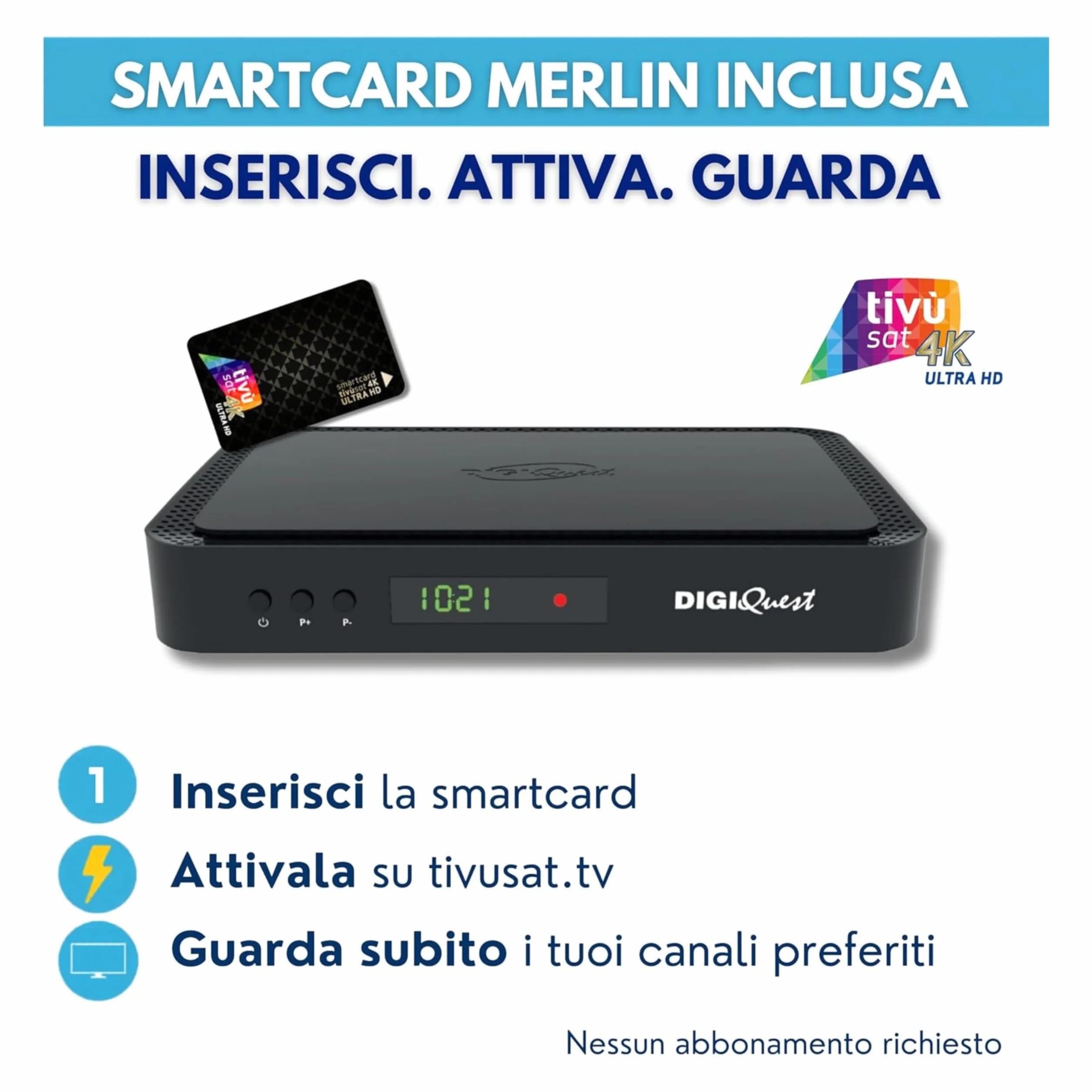 DIGIQUEST Décodeur tivùsat Combo 4K Q99 Satellite Terrestre HbbTV HEVC Main 10 Enregistrement Télécommande Smartcard Merlin