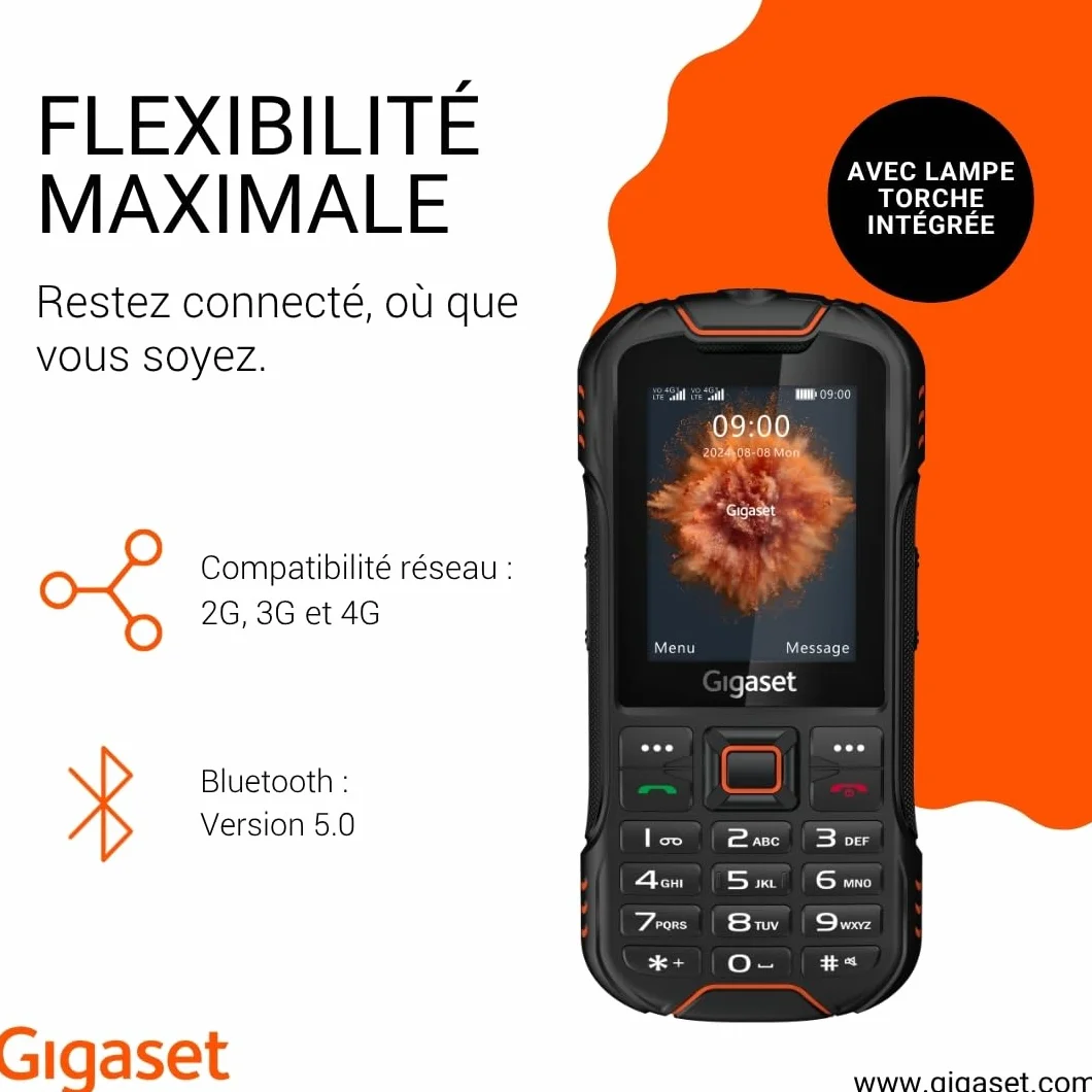 Gigaset GLX8 Plus Téléphone Portable à Touches 4G Robuste IP68 Double SIM Bluetooth 5.0 Écran LCD 2,4" Noir/Orange