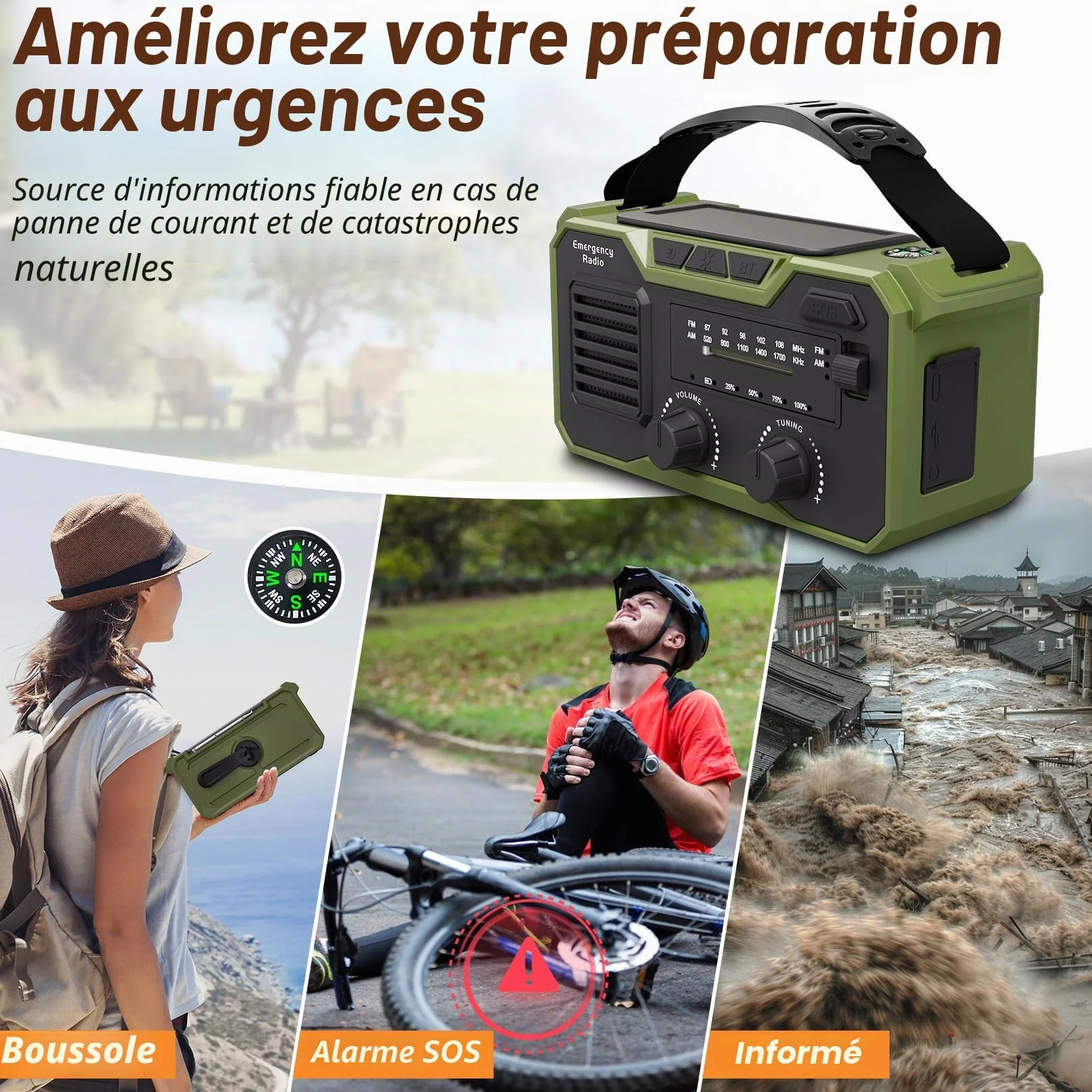 27000mAh Radio Survie FM/AM Solaire Bluetooth 5.3 Alarme SOS Boussole Lampe Dynamo Vert