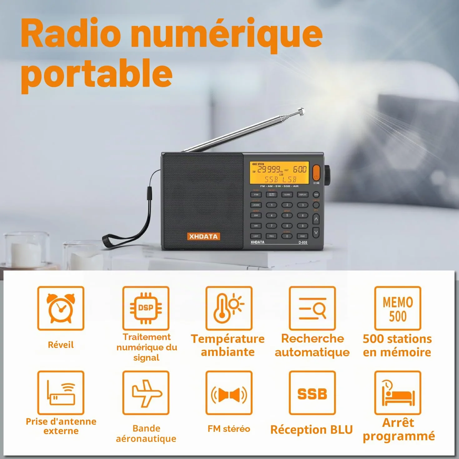 XHDATA D-808 Portable Radio Numérique FM Stéréo/SW/MW/LW SSB RDS Bande Air Band Multi Haut-Parleur avec Affichage LCD Réveil Antenne Externe et 2000mah Batterie (Gris)