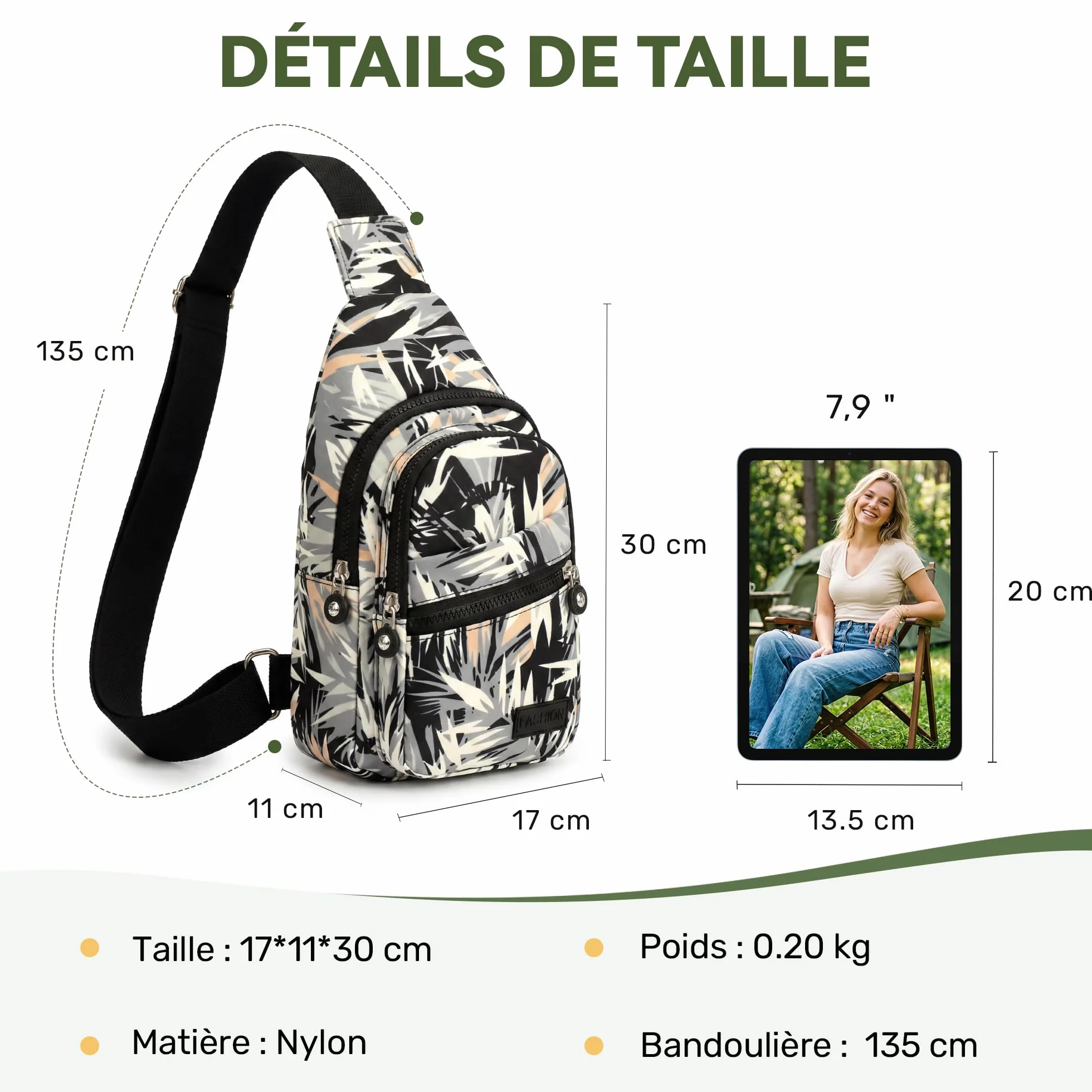 Sac de Poitrine Femme Imperméable Polyester Sling Bag Léger Crossbody pour Voyage Randonnée