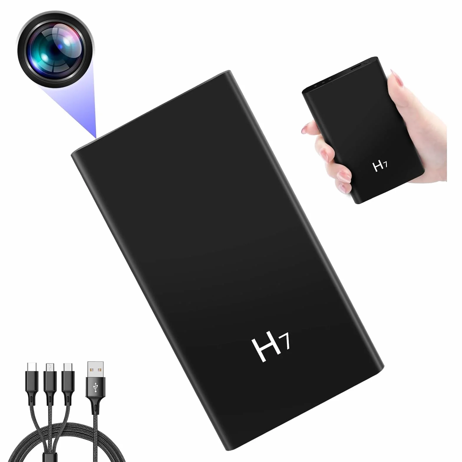 Caméra Cachée, Minicaméra Espion avec 5000mAh d'alimentation Mobile, Caméra Cachée Espion HD 1080P avec Vision Nocturne et Enregistrement en Boucle, Inclus Câble USB 3 en 1