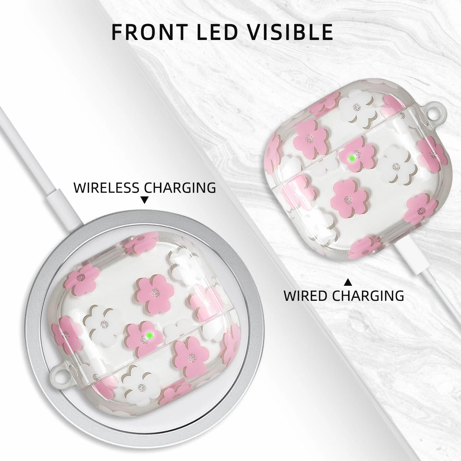 Coque AirPods 4 2024 TPU Souple Motif Floral avec Porte-clés et Kit de Nettoyage Rose