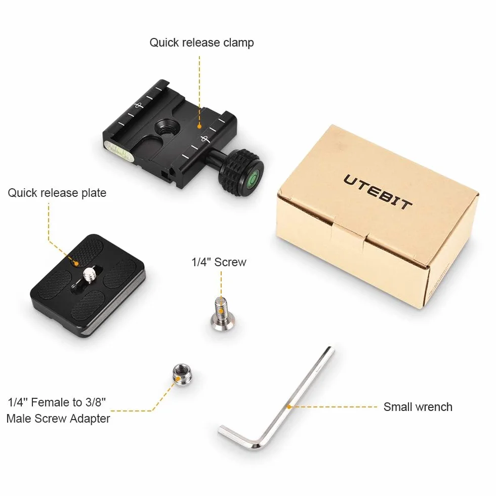 UTEBIT Plaque d'attache Rapide Universal, 50mm Plateau Rapide QR Plate en Alliage d'Aluminium Niveau à Bulle Intégré avec 1/4 et 3/8 Vis Compatible pour Arca-Swiss QR Trépied Monopode Rotule Caméra