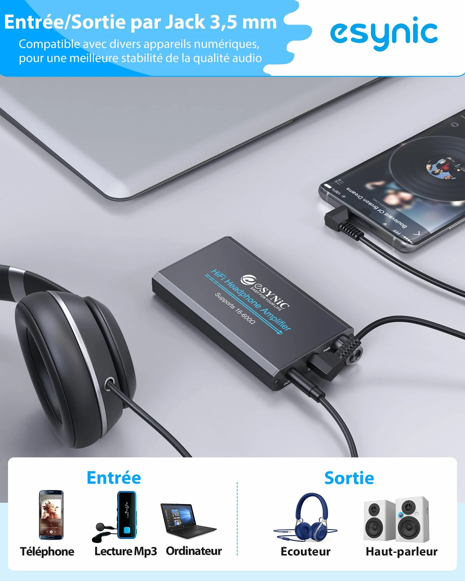 eSynic Ampli Casque Portable 16-600Ω Commutateur de Gain Amplificateur de Casque HiFi Interface Stéréo 3,5 mm Batterie au Lithium Amplificateur Audio Professionnel pour MP3 MP4 Téléphones Ordinateurs