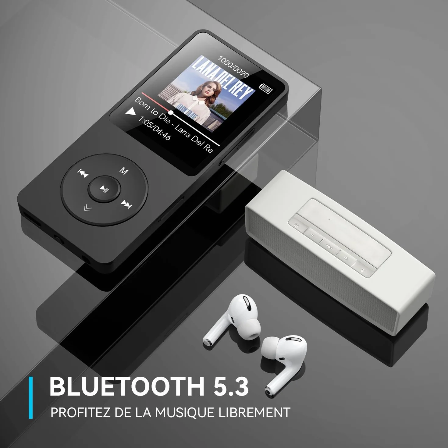 AGPTEK Lecteur MP3 Bluetooth 5.3 32Go HiFi sans Perte 70H Autonomie Baladeur Portable Radio FM Enregistrement