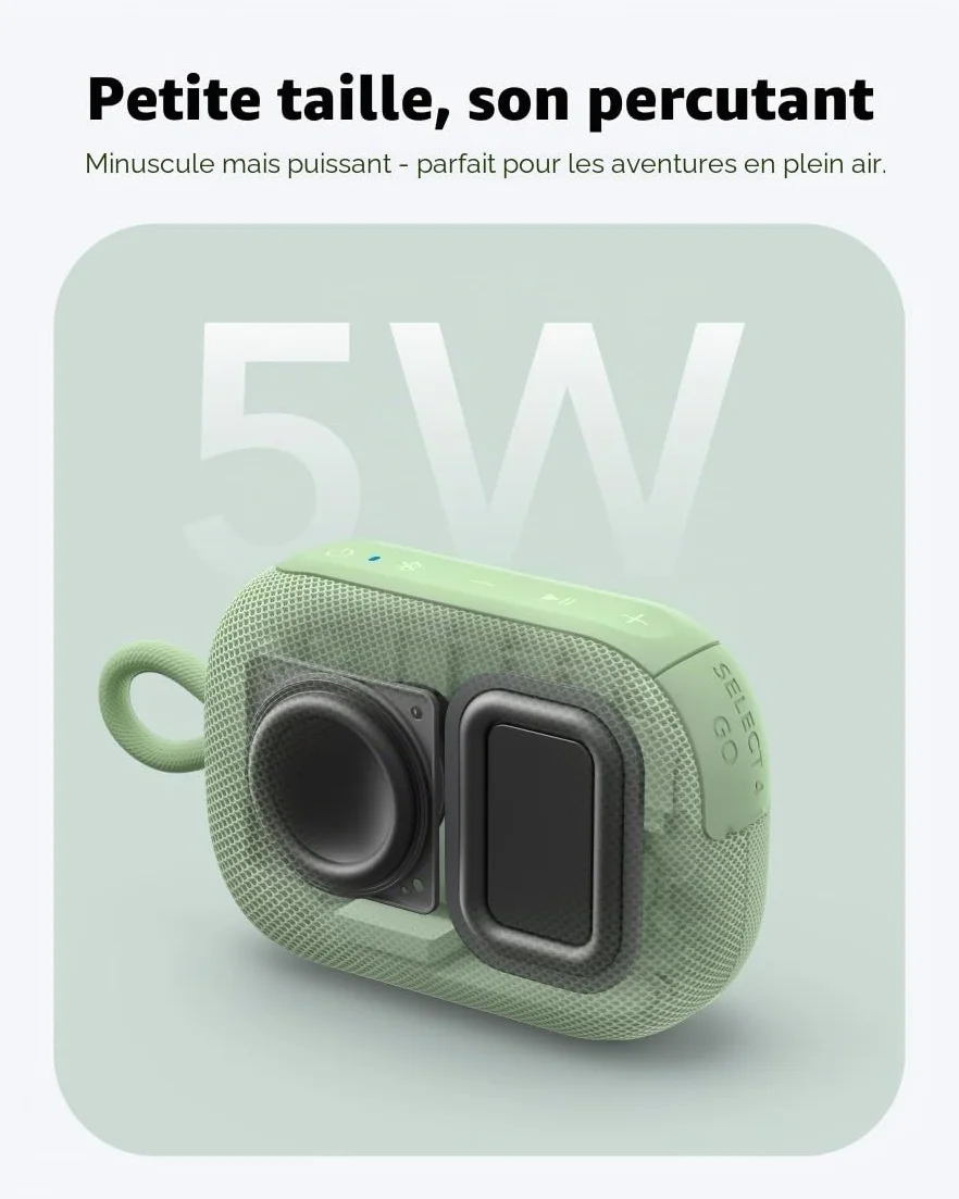 Soundcore Select 4 Go Enceinte Bluetooth Ultra Portable, Enceinte de Douche, 20h, IP67, Flottante, Son Puissant de 5W, Mini Enceinte Bluetooth Portable, pour intérieur, extérieur, randonnée et vélo