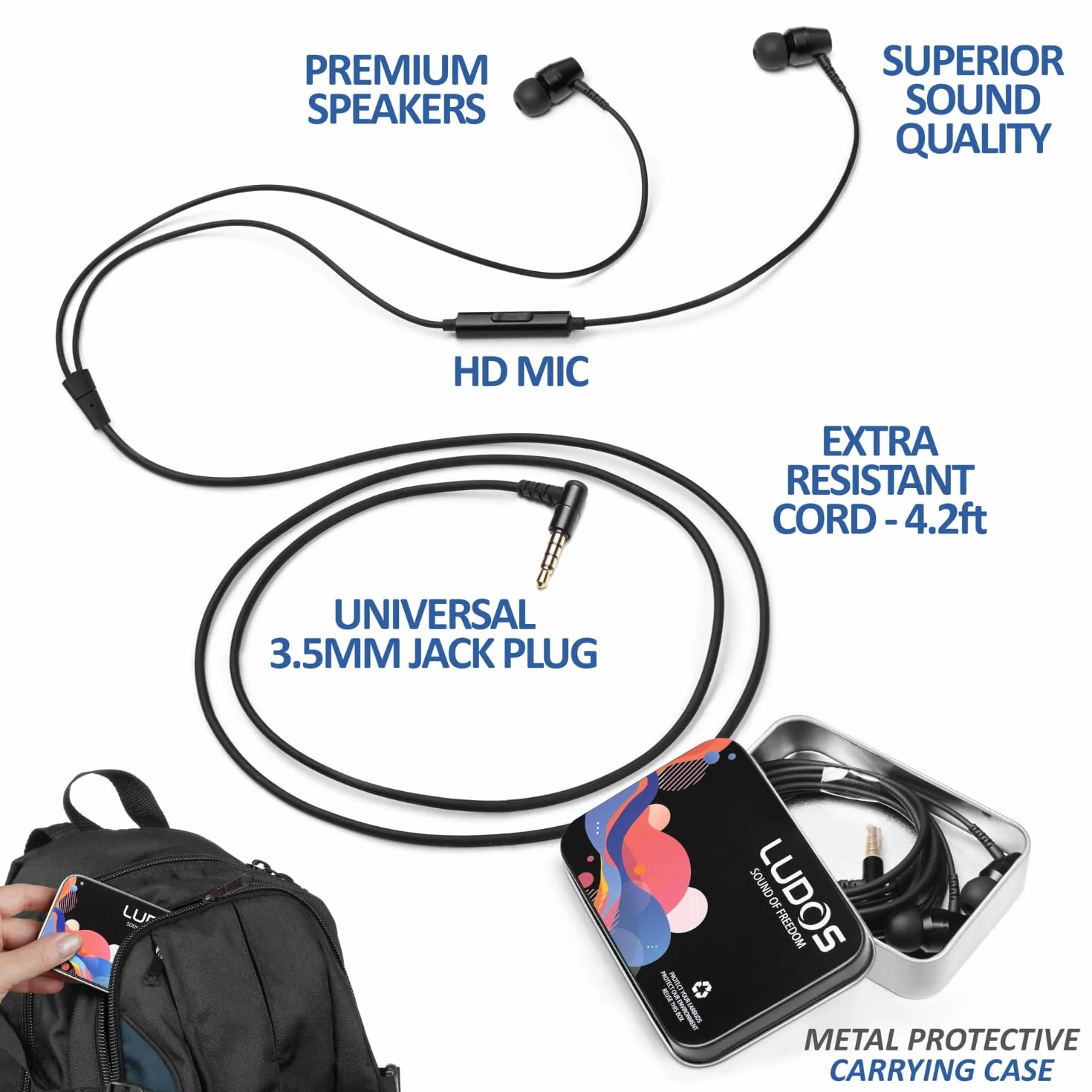 LUDOS OMNITONE Écouteurs, Garantie 5 Ans, Écouteur Intra-Auriculaires Filaires, Casque avec Microphone, Compatible avec Tablettes et Ordinateurs Portables Samsung, iPhone, MP3 Players - 3.5 mm Noir