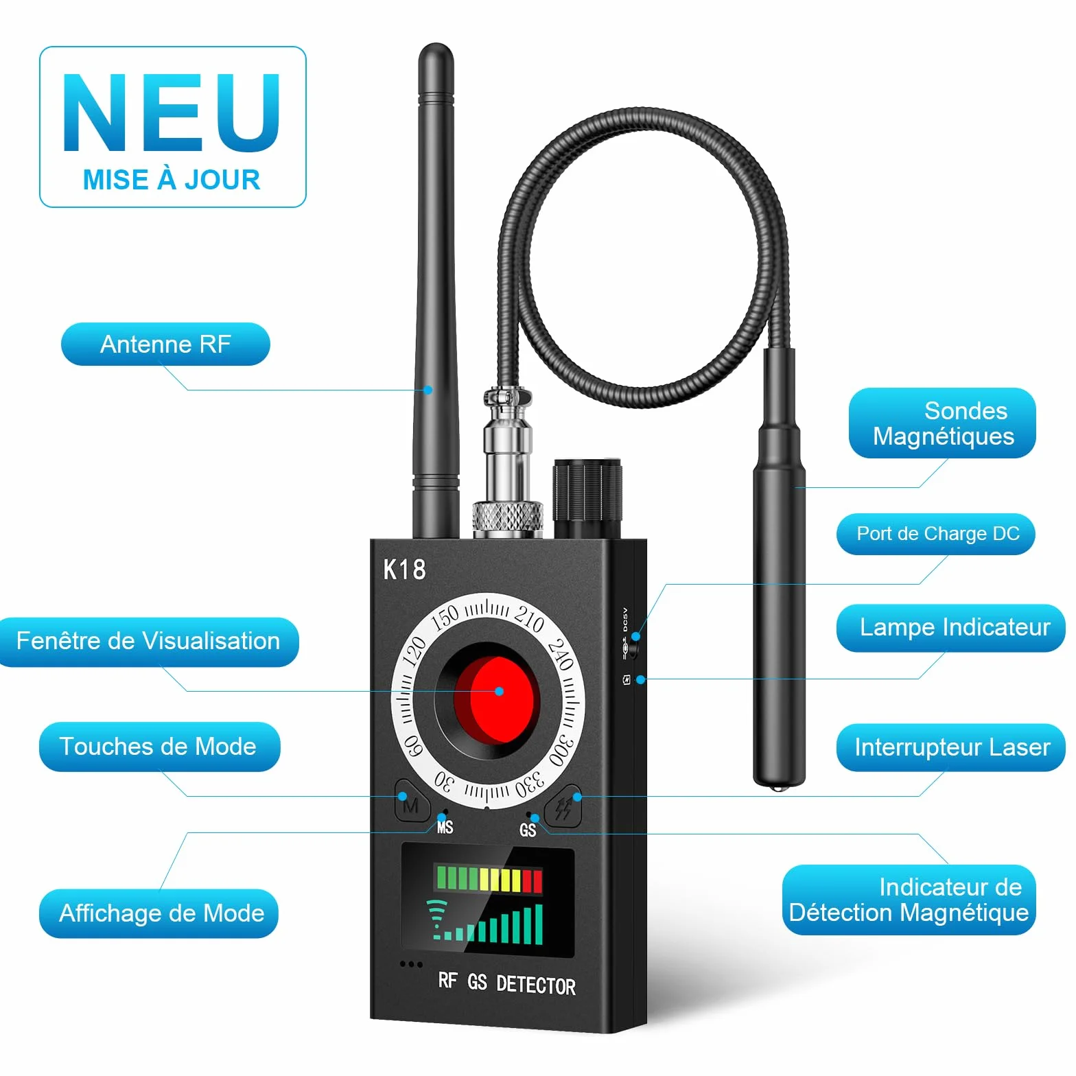 Menborn Détecteur Micro Espion, Détecteur de Micros GPS, Détecteur d'espions, Detecteur de Camera et Micro Espion, Détecteur de Bugs pour pour Bureau à Domicile Hôtel