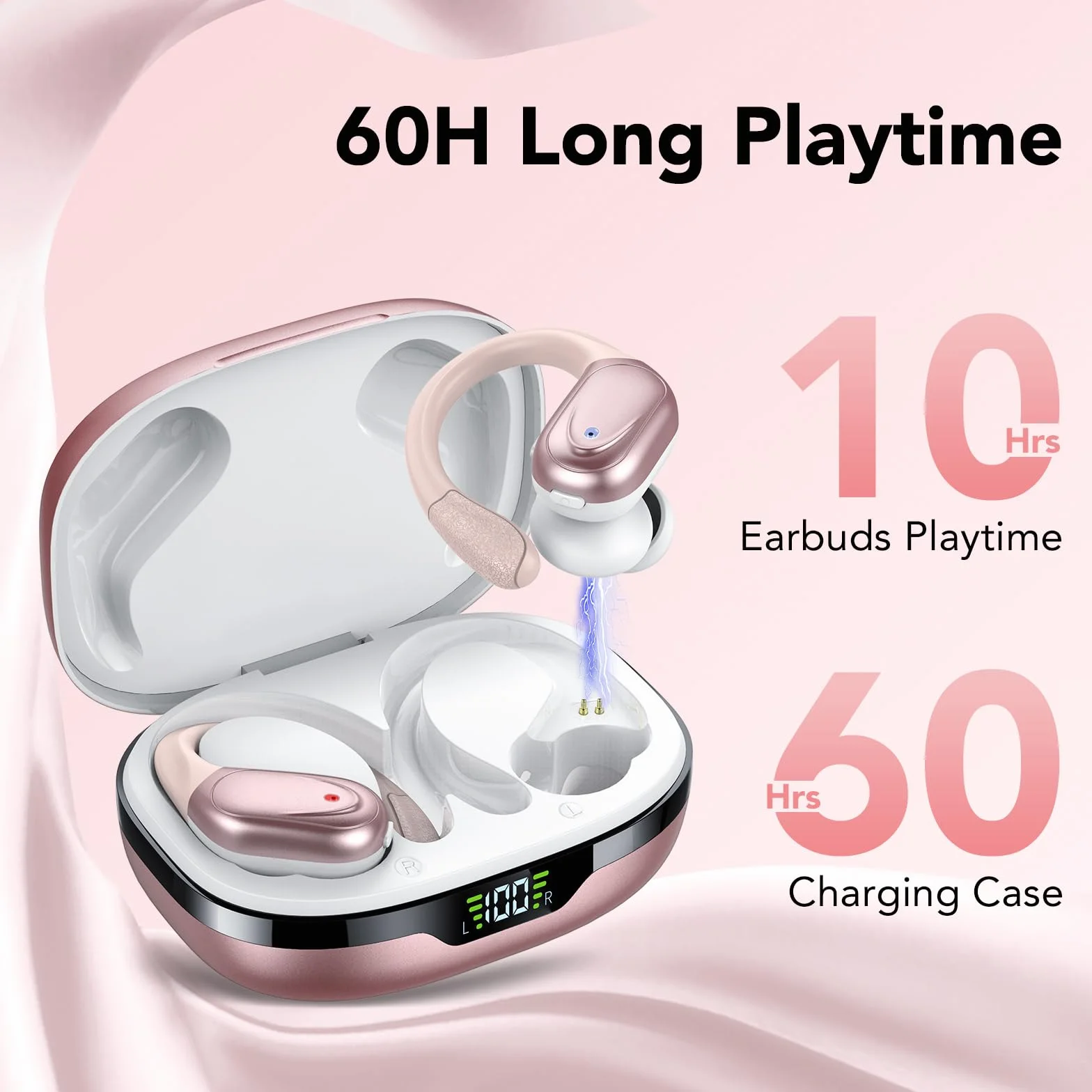 CASCHO Ecouteurs Bluetooth sans Fil, Casque Bluetooth 5.3, 60 Heures avec Affichage LED, Appel ENC HD, Basses Profondes, Ajustement Confortable, IPX7 Étanche Casque Sport(Or Rose).