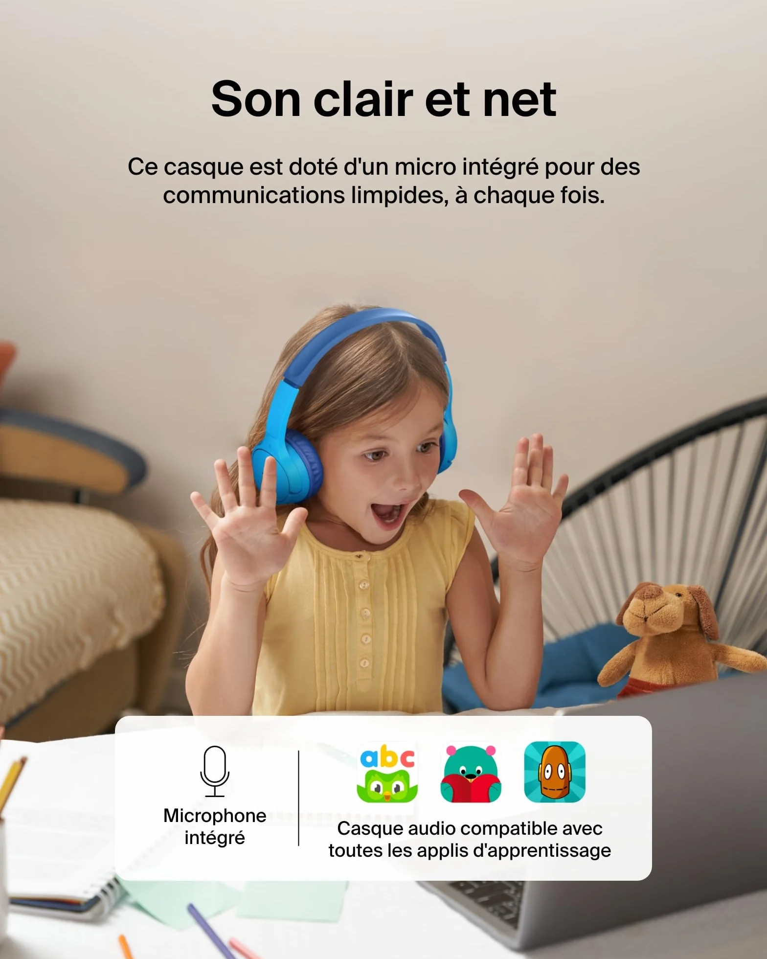 Belkin SoundForm Mini Casque Audio sans Fil pour Enfants avec Micro intégré (Circum-aural, autonomie de 30 h, pour Apprentissage, Voyages, Autocollants Amusants, pour iPhone, iPad, Galaxy) - Bleu