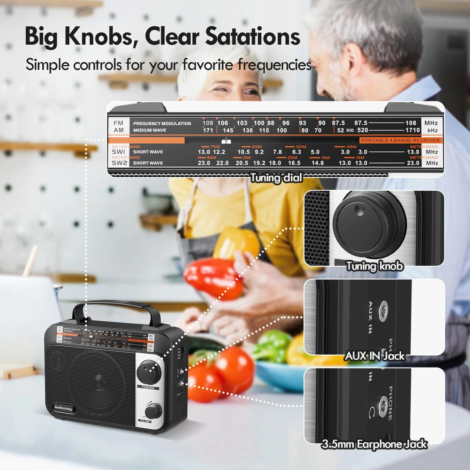 Radio Portable FM/AM/SW1-2 Radio Multibande avec Batterie Rechargeable 1800 mAh, Câble AC Ou Radio FM Portable avec Piles, Haut-parleurs, Prise Casque, Entrée AUX Noir