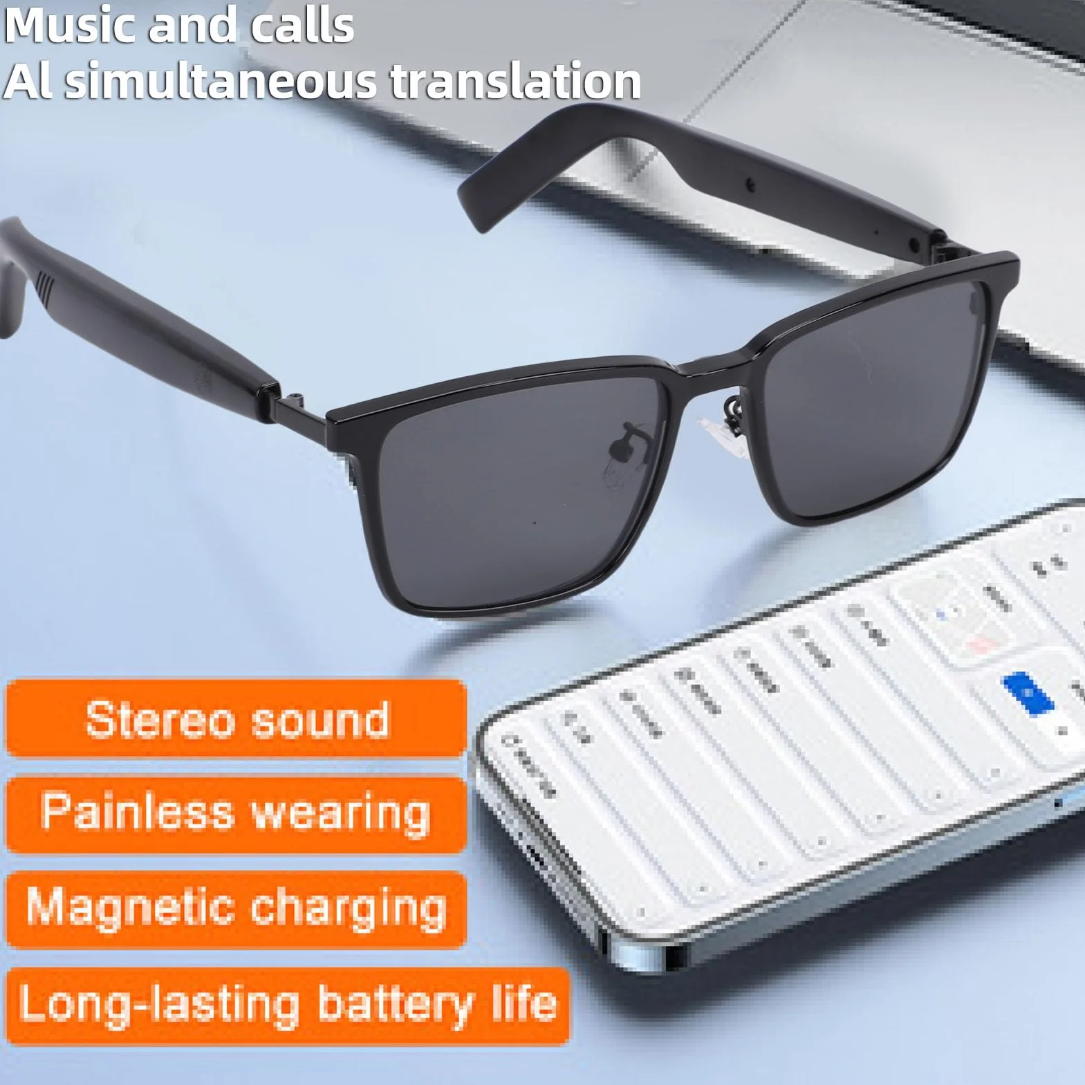 Jectse Verres Intelligentes AI, Lunettes de Traduction avec Micro et Haut-Parleur, Traduction en Temps Réel, 100+ Langues 5.4 pour Les Appels Musicaux, Lentille Magnétique