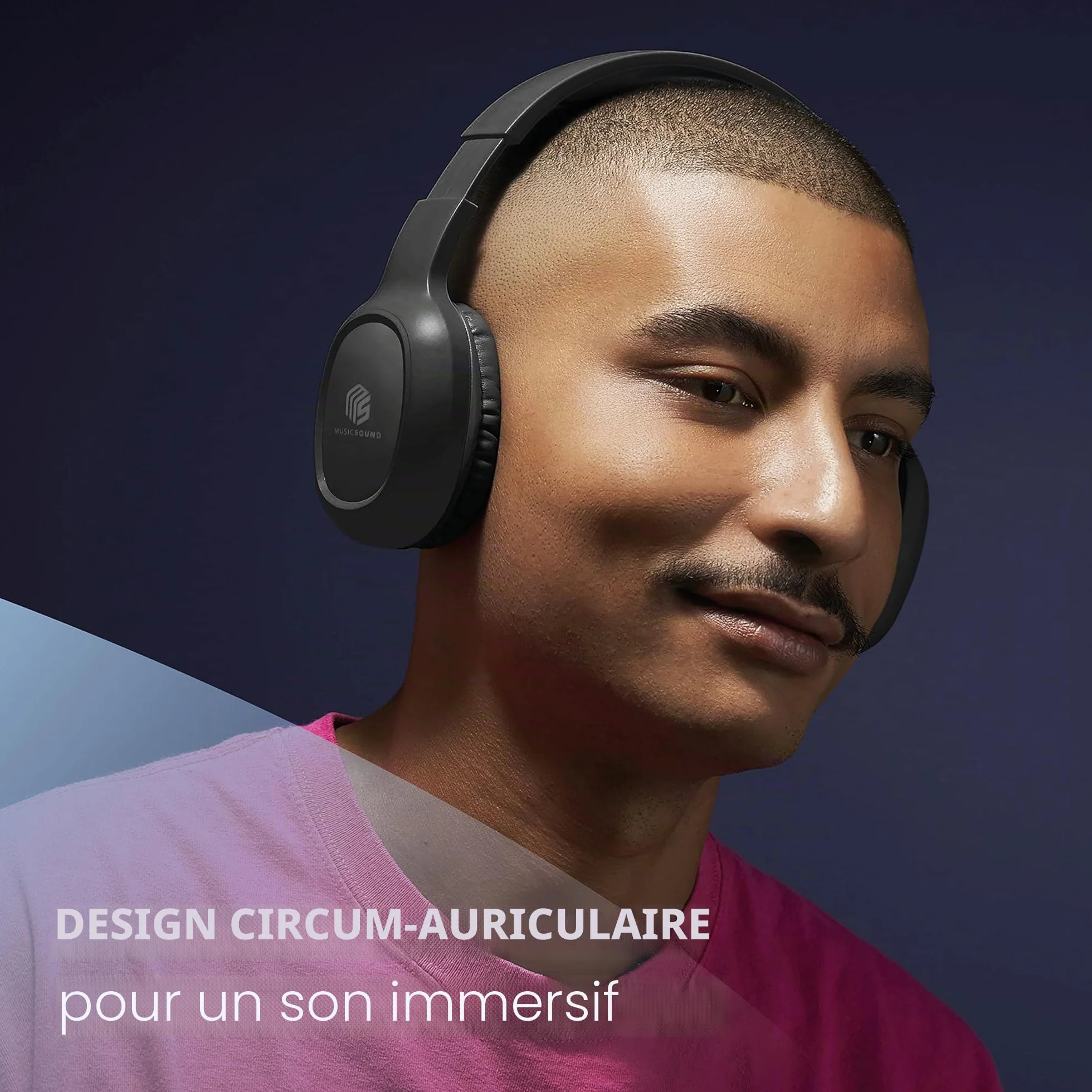 Music Sound | Casque Bluetooth Basic | Casque Bluetooth Supra-auriculaire avec Bandeau Extensible - Autonomie 14h - Recharge 2h - Voyant LED et entrée AUX - Couleur Bleu