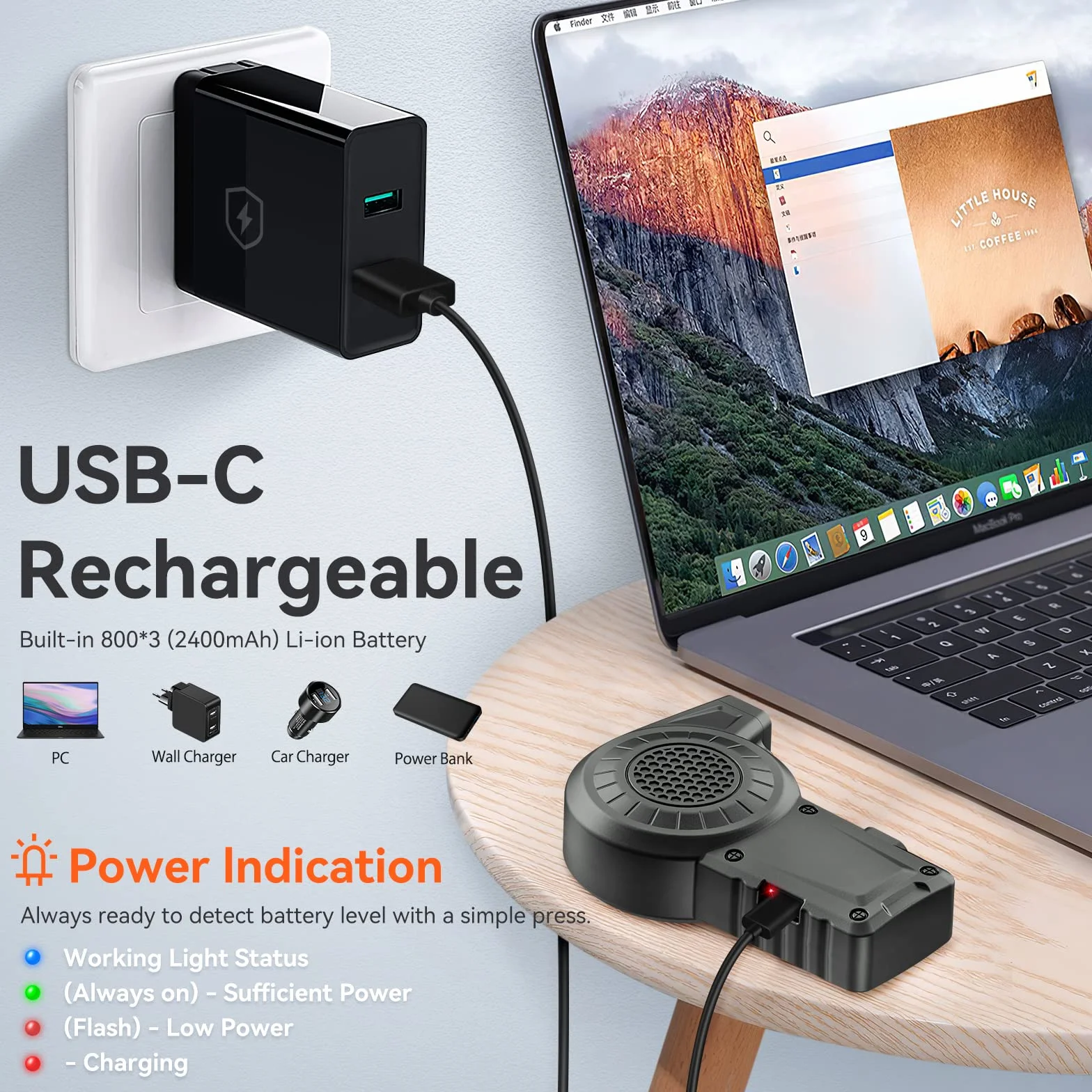 Moteur sans balais Mini 35000 tr/min - Reesibi C1 - Souffleur électrique avec lumière LED - Ventilateur professionnel pour le nettoyage des objectifs de l'appareil photo - 2 vitesses - 2400 mAh - Air