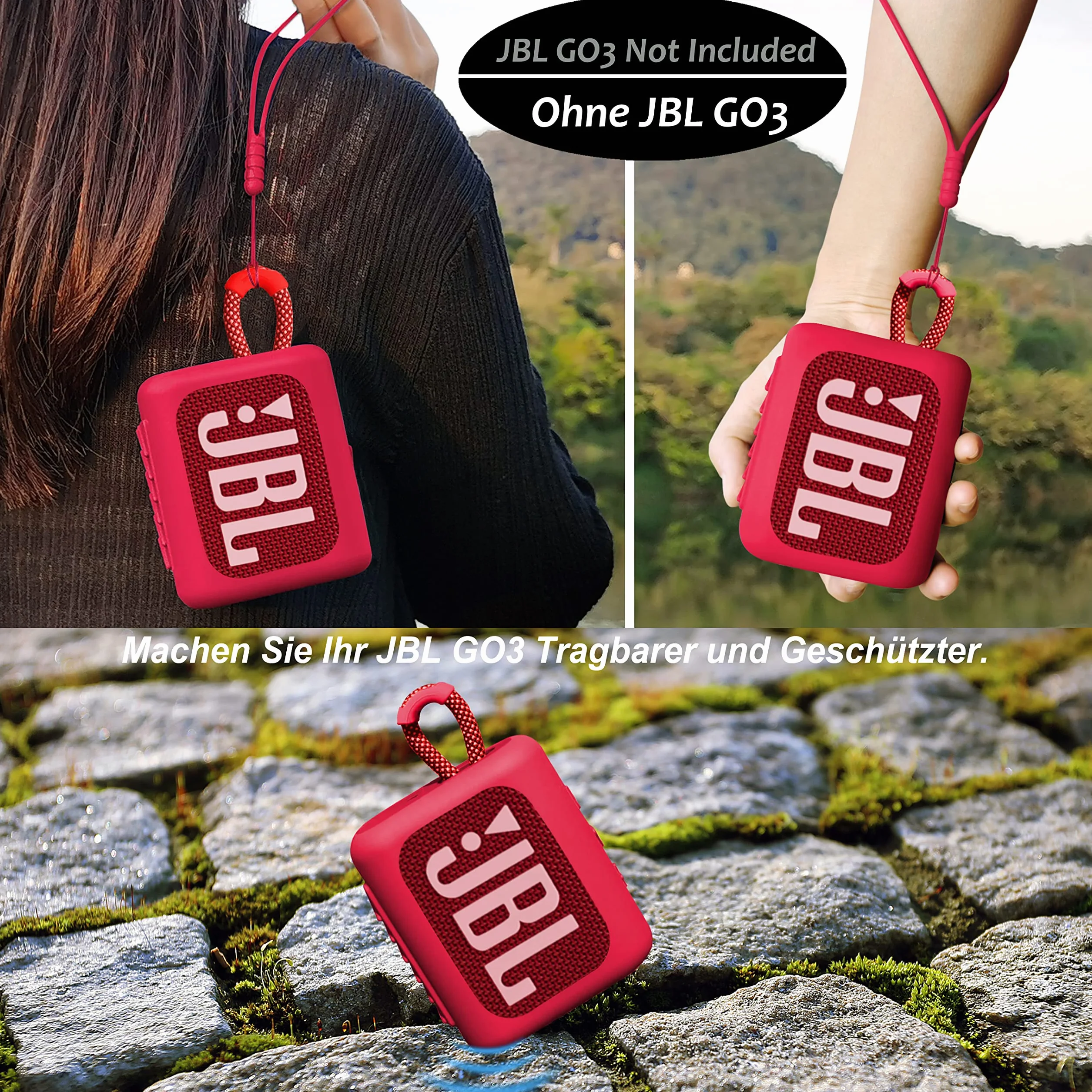 Étui en silicone pour JBL GO 3 avec tour de cou et mousqueton, Rouge