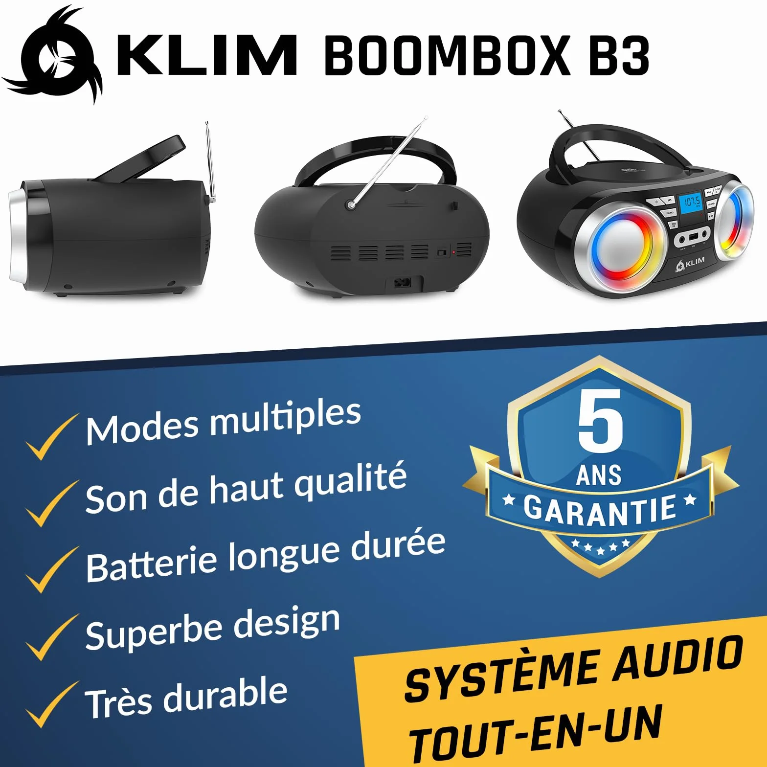 KLIM Boombox B3 - Poste Radio CD Portable - Nouveauté - Radio FM, CD, Bluetooth, USB, MP3 - CD Boombox - Mode Filaire et sans Fil avec Piles Rechargeables - Lentille Laser - Lecteur CD Portable