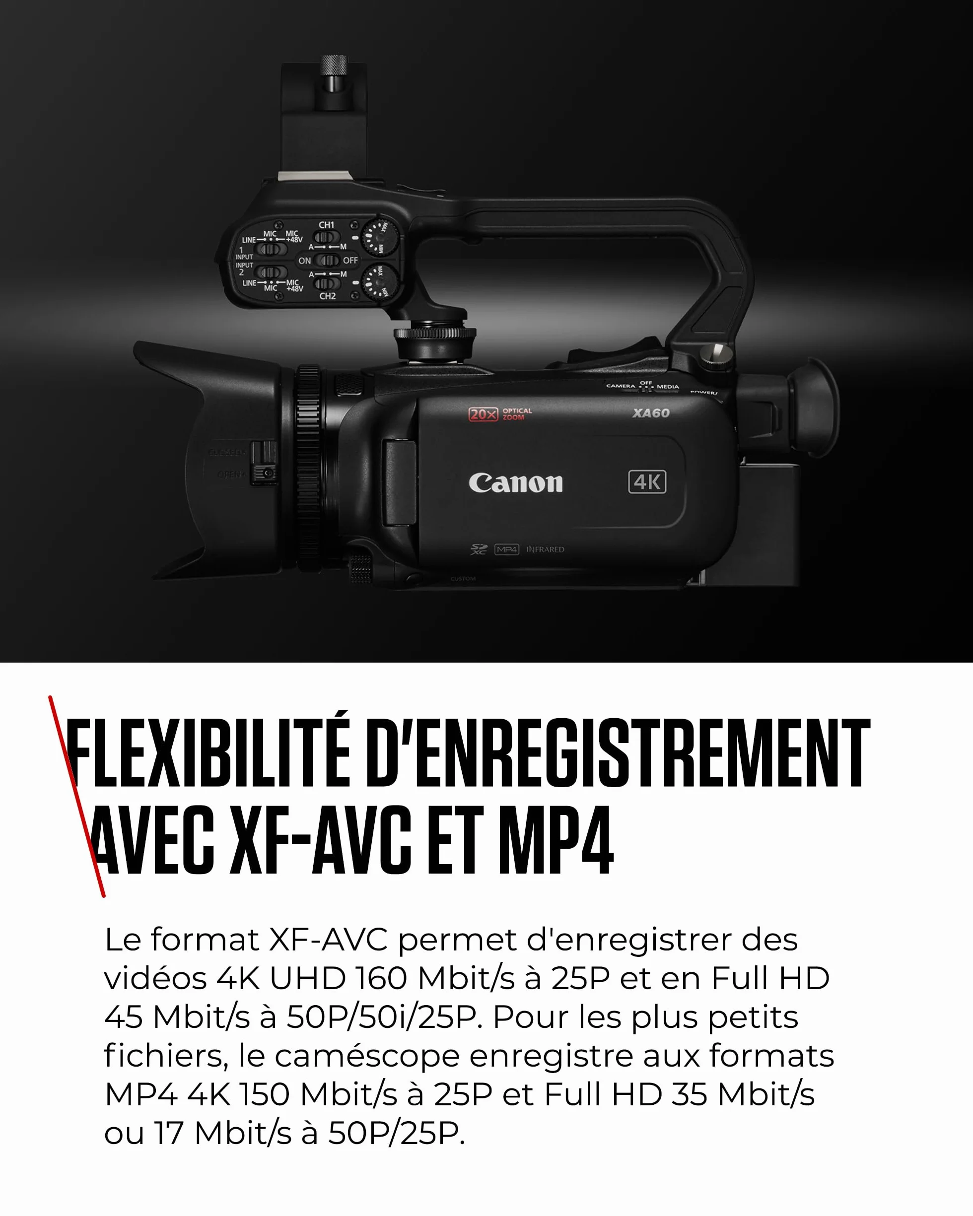 Canon XA60 - Camera 4K avec Autofocus Avancé et Zoom Optique 20x - Camera Professionnelle avec Stabilisation sur 5 Axes, Sortie HDMI et Diffusion HD en Direct en USB-C