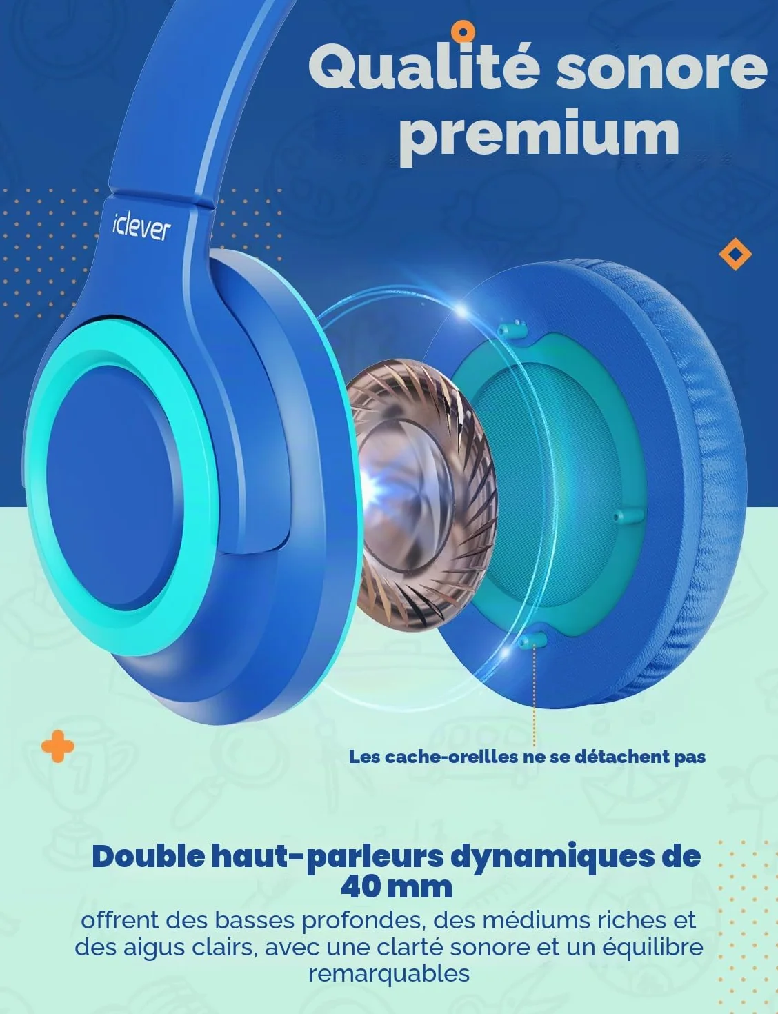 iClever Casque Audio Enfants, Volume Sécurisé Limité 85 dBA – Casque pour Enfant Filaires avec Répartiteur de Partage, écouteurs Stéréo Pliables sans Enchevêtrement pour l'école/Tablette/Voyage