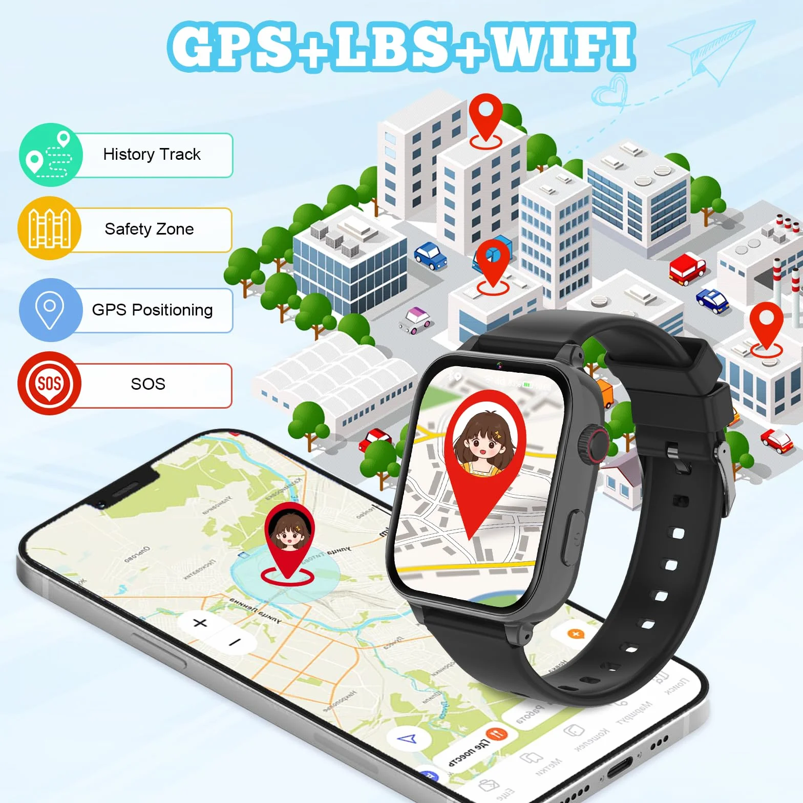 Montre Connectée Enfant 4G GPS - Smartwatch Téléphone Pour Fille Garçon avec SOS, Chat, Appel Vidéo, WiFi, Mode Classe, Réveil, Caméra, Jeux, Montre Intelligente Pour Enfants Cadeau 4 à 12 Ans, Noir