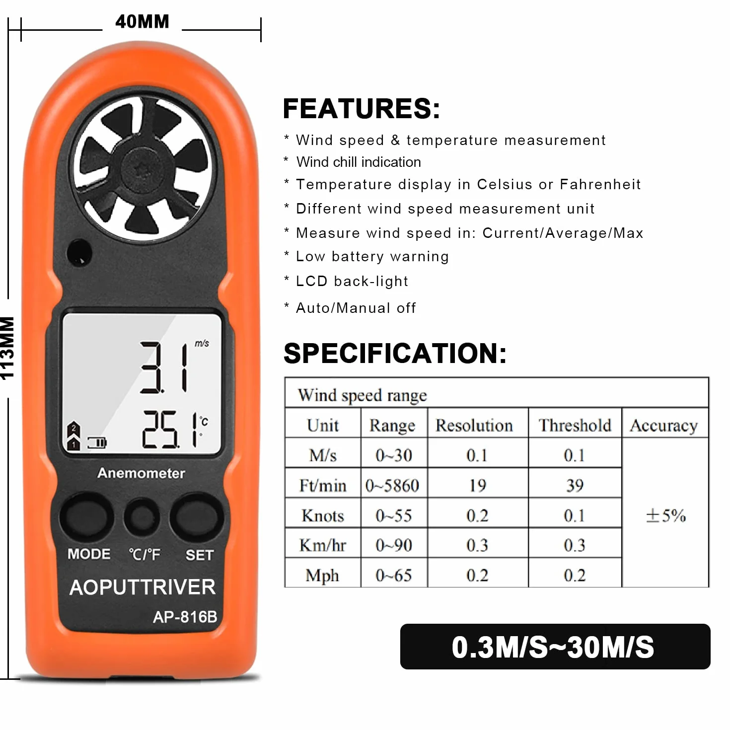 Anémomètre de poche AP-816B mesure vitesse du vent température max/min/courant pêche voile