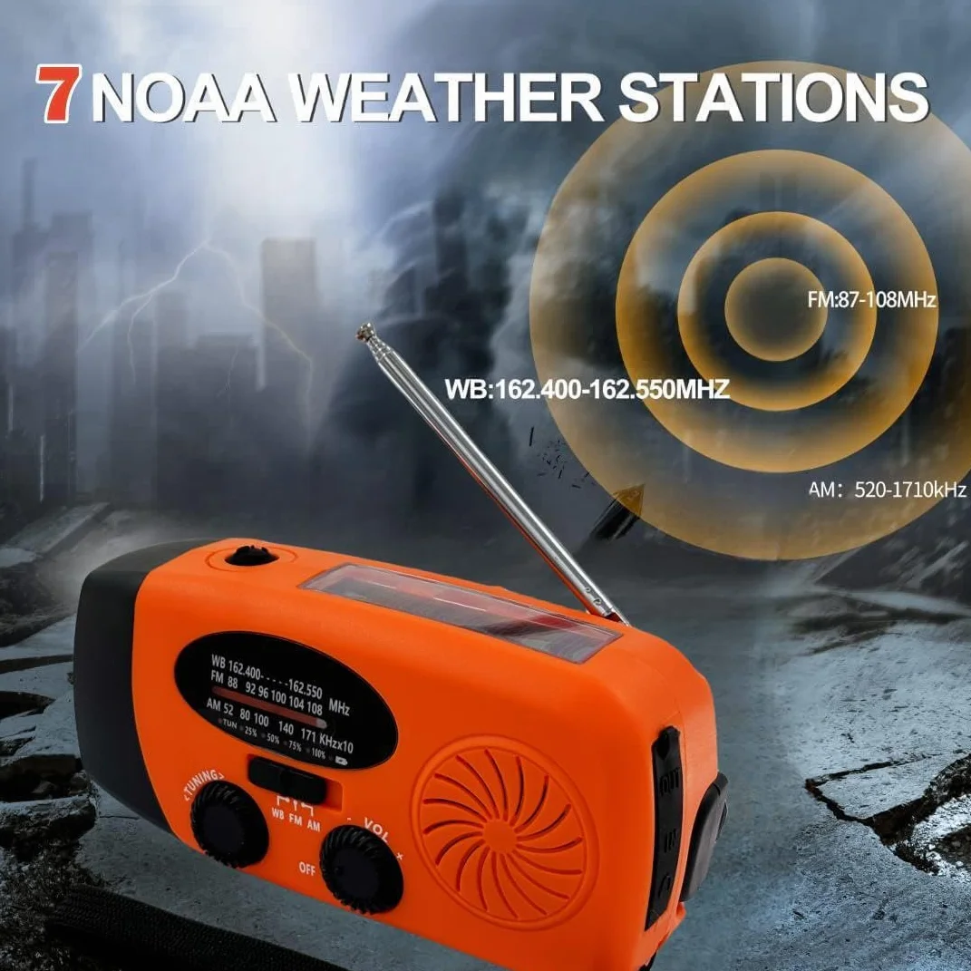 Radio Solaire 5000mAh Portable d'urgence à Manivelle Dynamo avec AM/FM Radio à Piles Dynamo, Survie Poche LED Charge de Téléphone à Manivelle pour la Randonnée et l'extérieur (Orange)