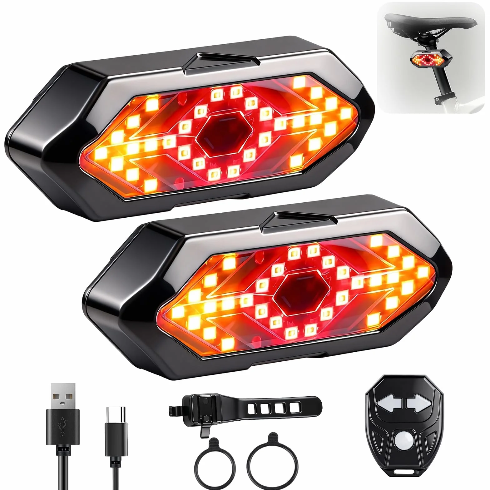 Feu arrière vélo télécommandé sans fil 32 LED 5 Modes Alarme 120 DB Rechargeable USB 900 mAh IPX4