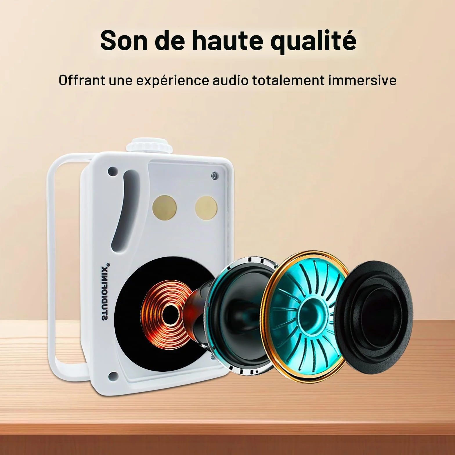 STUDIOFINIX Enceintes Bluetooth extérieures 3,5 Pouces étanches et filaires, Haut-parleurs muraux Haut de Gamme améliorés 3 Voies 200W, idéales pour terrasse, Patio, intérieur et extérieur (Blanc)