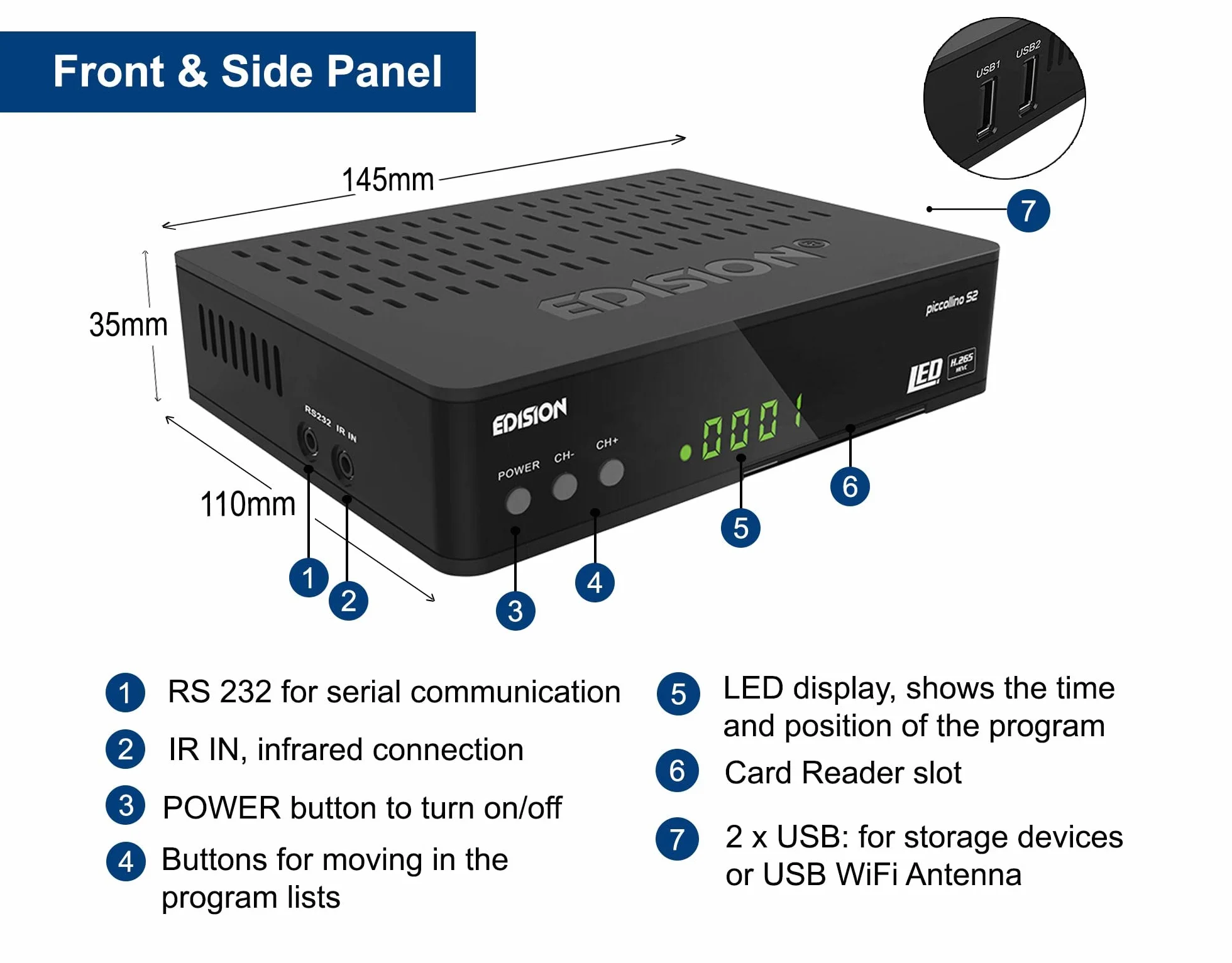 EDISION PICCOLLINO S2, récepteur Full HD, pour DVB-S2 H265 HEVC, 2in1 IR Remote control