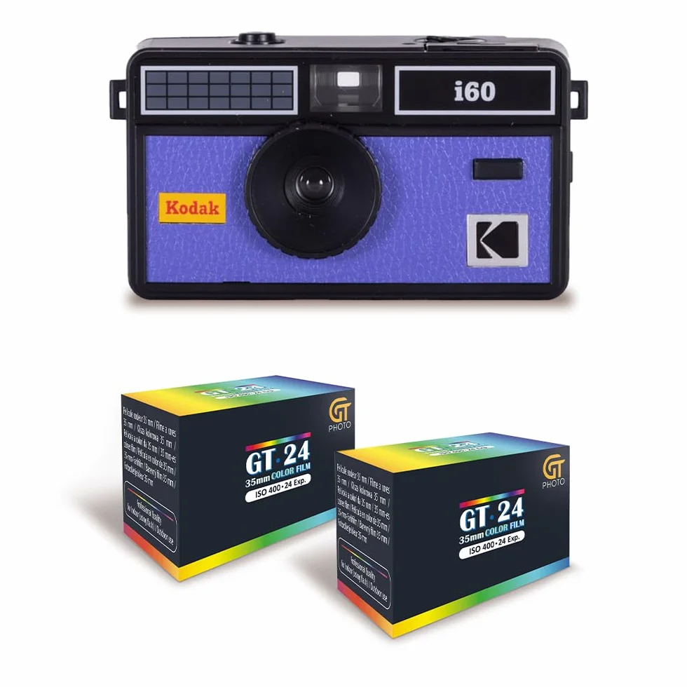 KODAK i60 - Appareil Photo Réutilisable 35mm, Style Rétro, sans Mise au Point, Flash Intégré Pop-up - Noir et Bleu + 2 Pellicules Couleur 24 Expositions