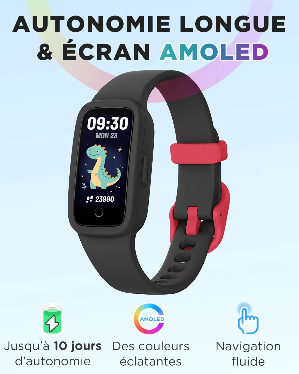 BIGGERFIVE Vigor 3 Montre Connectée Enfant Tracker d'Activité Écran AMOLED Étanche 3ATM Moniteur Fréquence Cardiaque Sommeil Noir