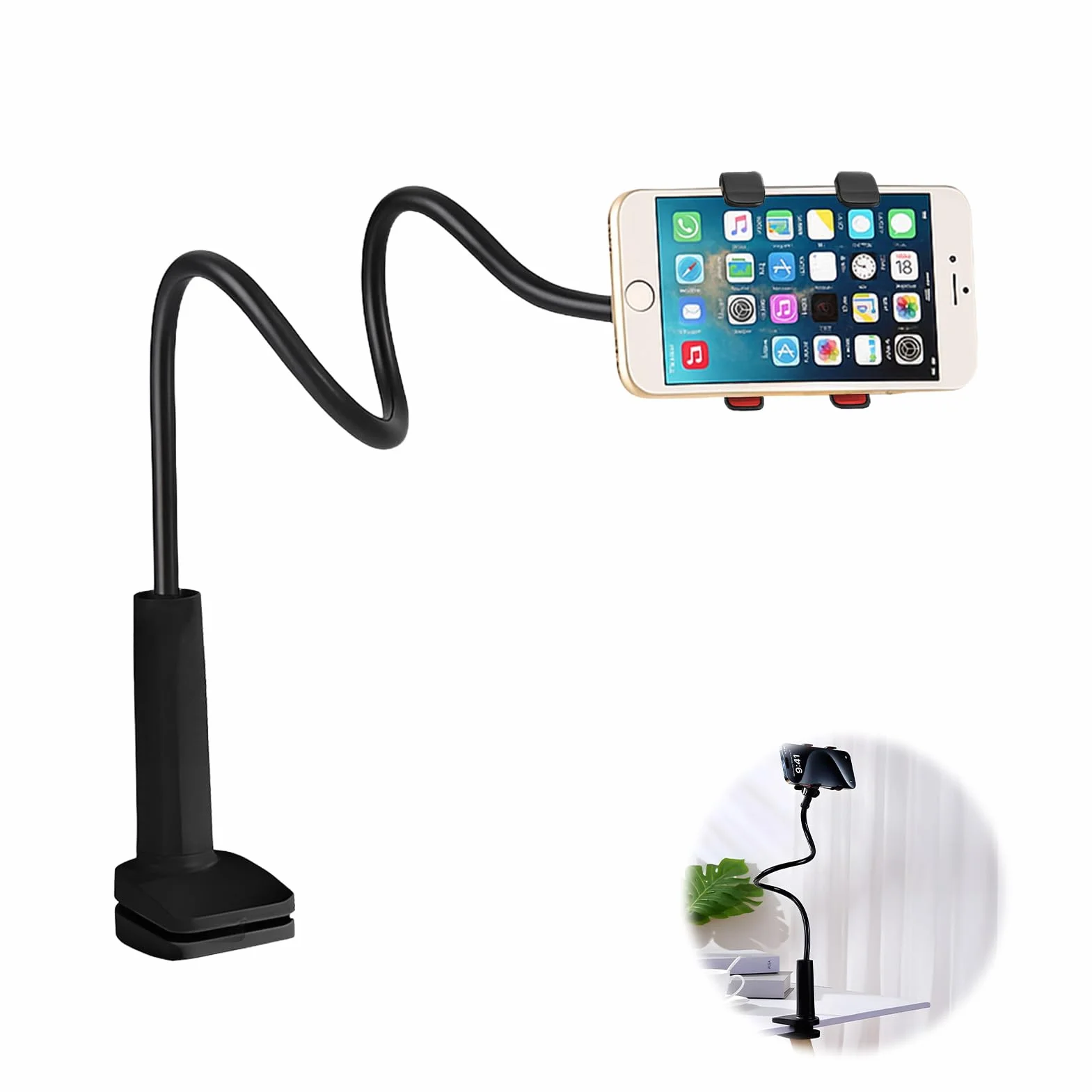 Support Téléphone Lit Pince Forte, Bras Flexible 75cm Antivibration, Support Smartphone Col de Cygne 360°, Support Mains Libres pour Regarder Vidéos, Compatible iPhone Samsung