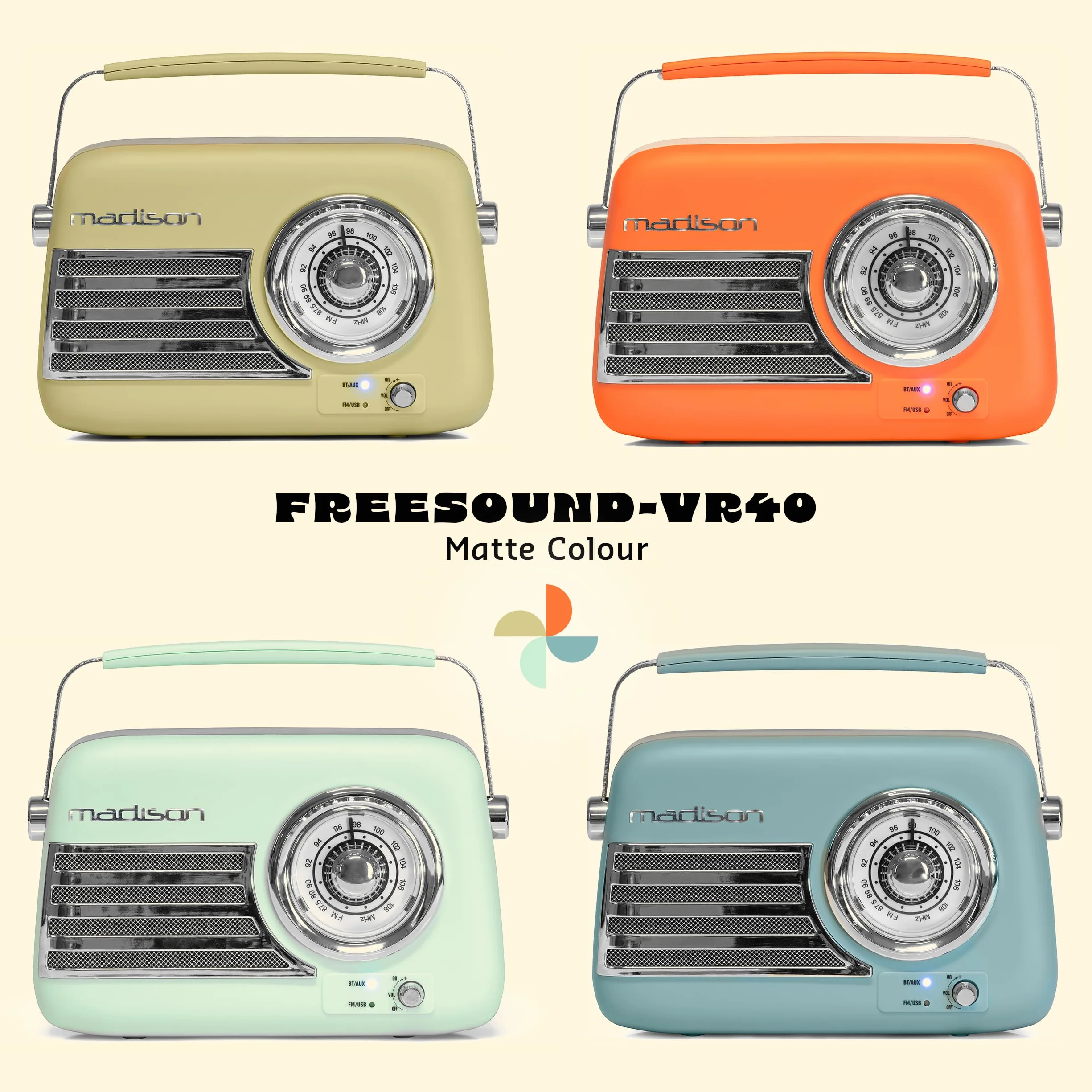 Madison - FREESOUND-VR40GR-MAT - Radio Vintage 30W sur Batterie Longue autonomie - Bluetooth, USB & FM - Vert pâle Mat - Vintage, Nostalgie, rétro